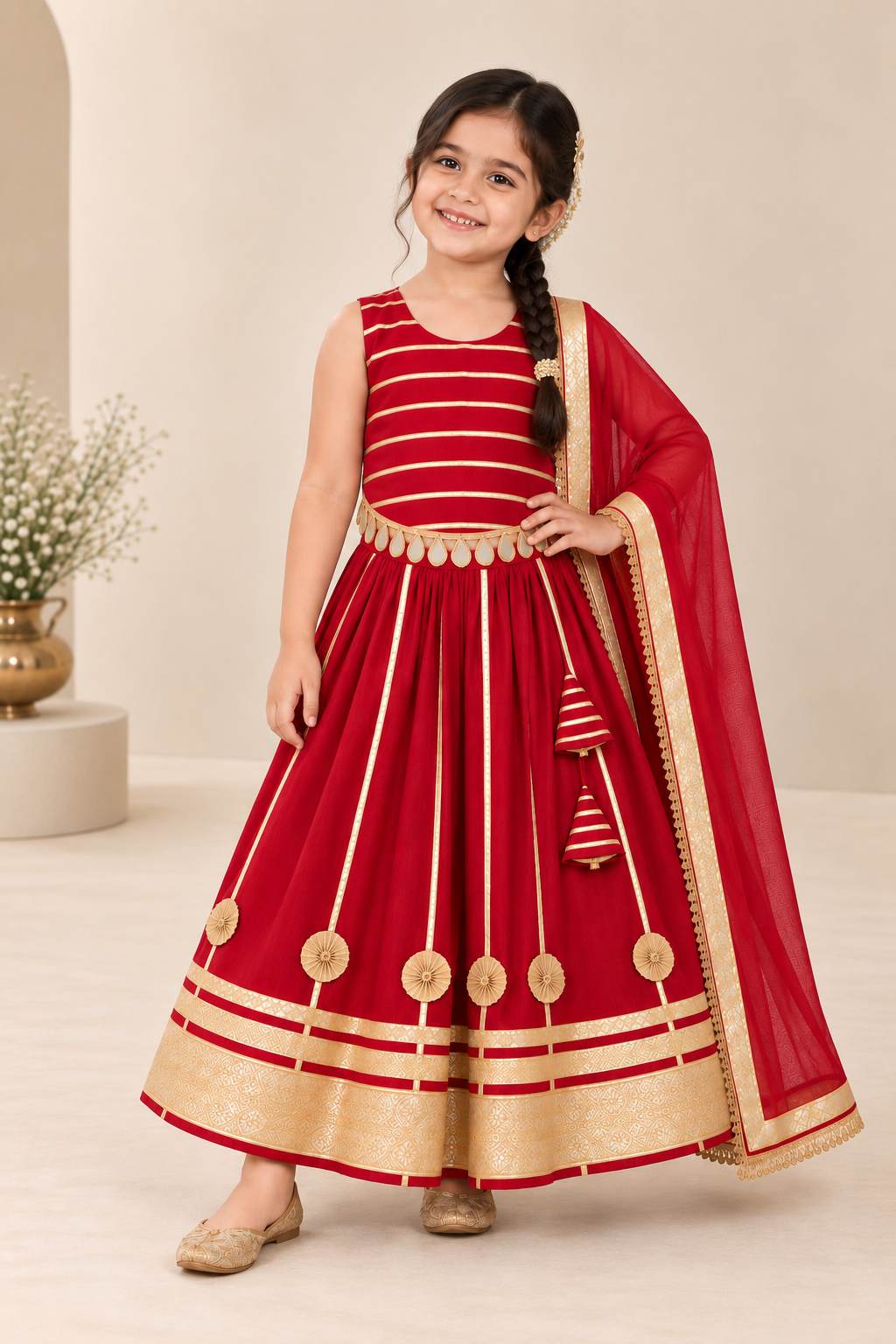 Girls Red Gota Patti Navratri Lehenga Choli with Dupatta