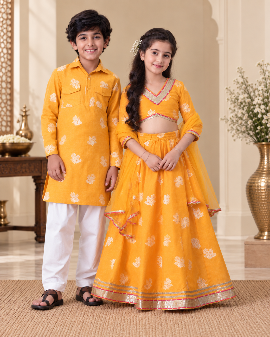 Yellow Floral Sibling Lehenga Choli & Kurta Pyjama Set