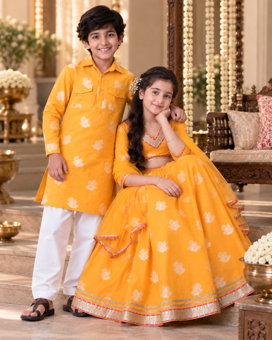 Yellow Floral Sibling Lehenga Choli & Kurta Pyjama Set