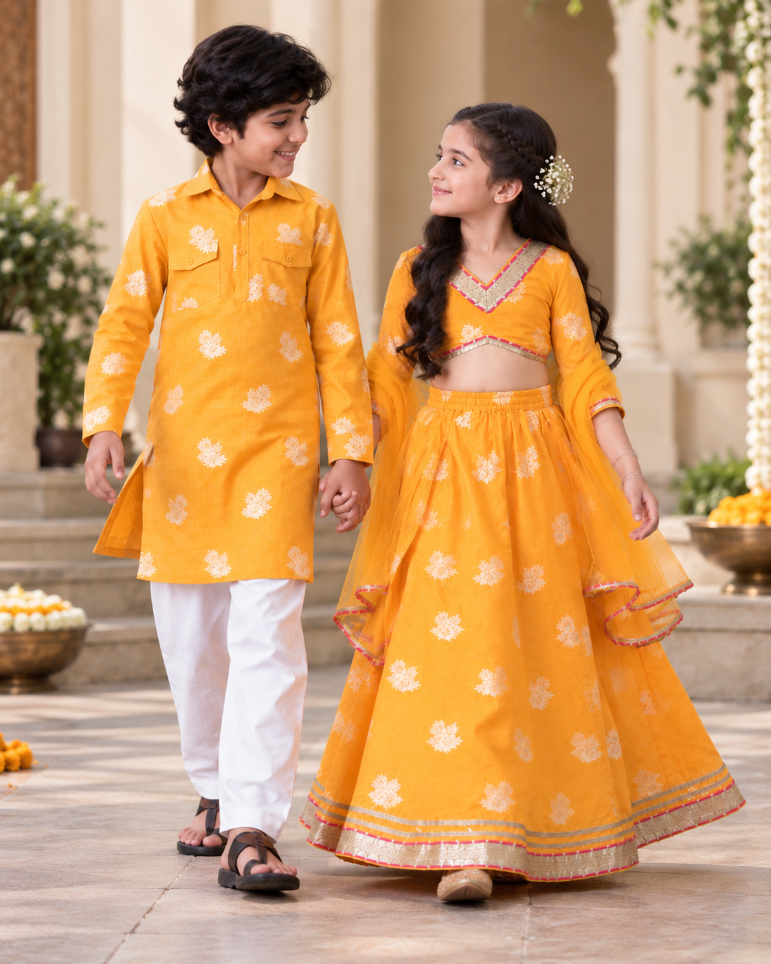 Yellow Floral Sibling Lehenga Choli & Kurta Pyjama Set