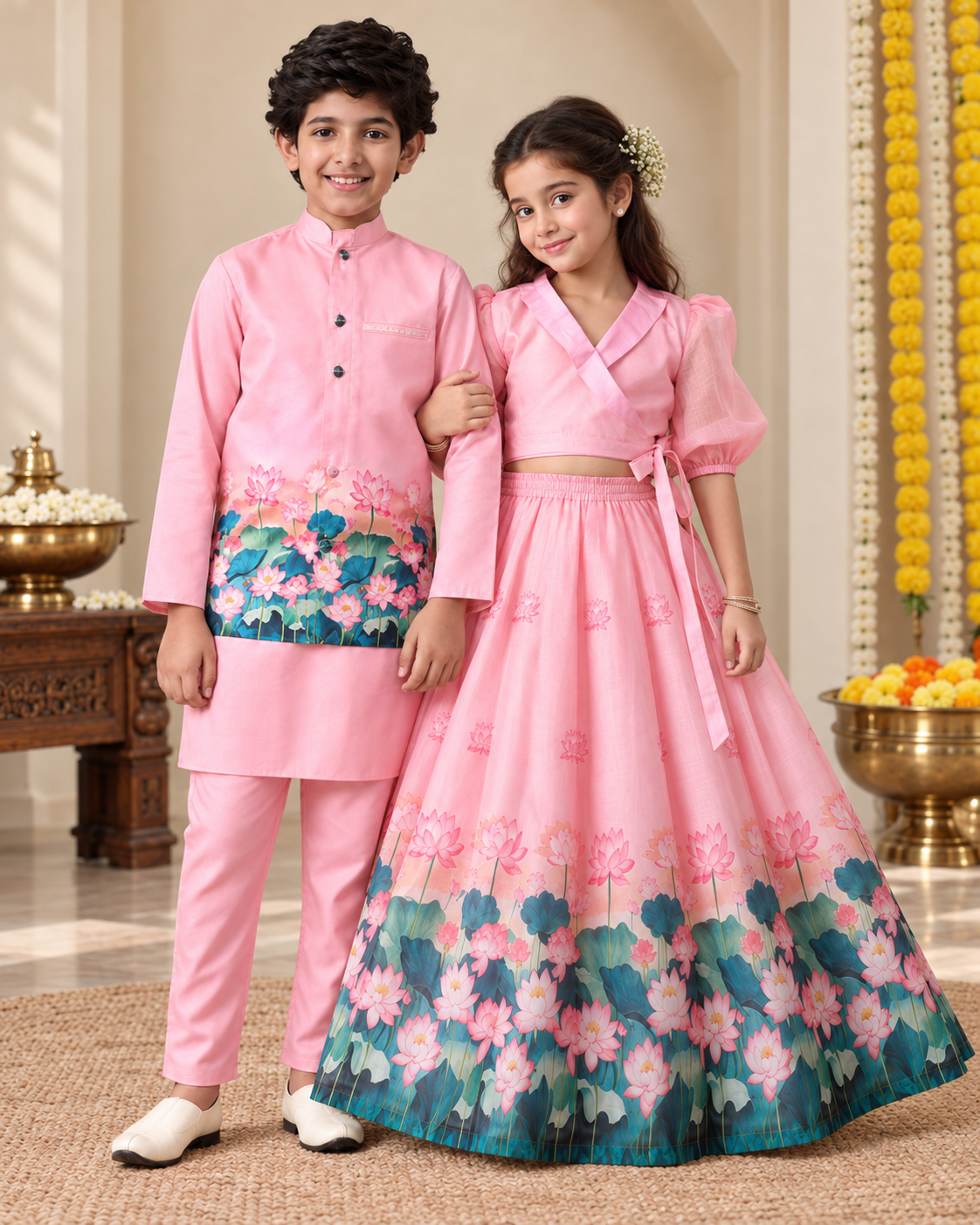 Pink Lotus Print Sibling Lehenga Choli & Kurta Pyjama Set