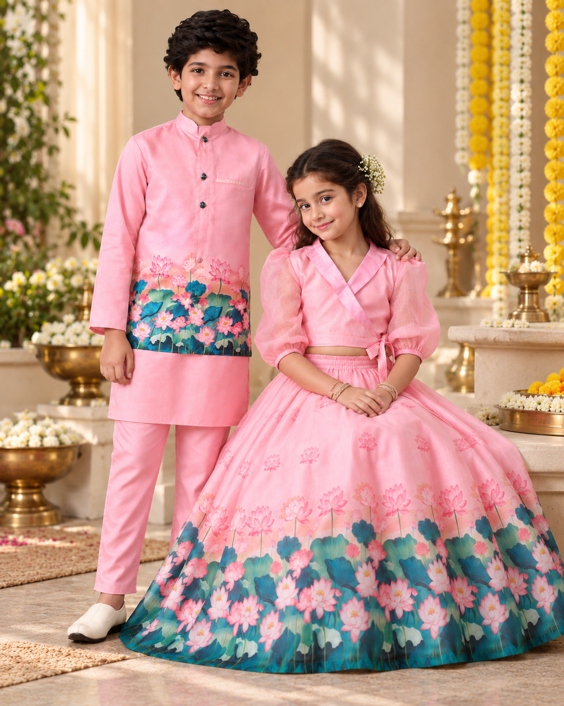 Pink Lotus Print Sibling Lehenga Choli & Kurta Pyjama Set