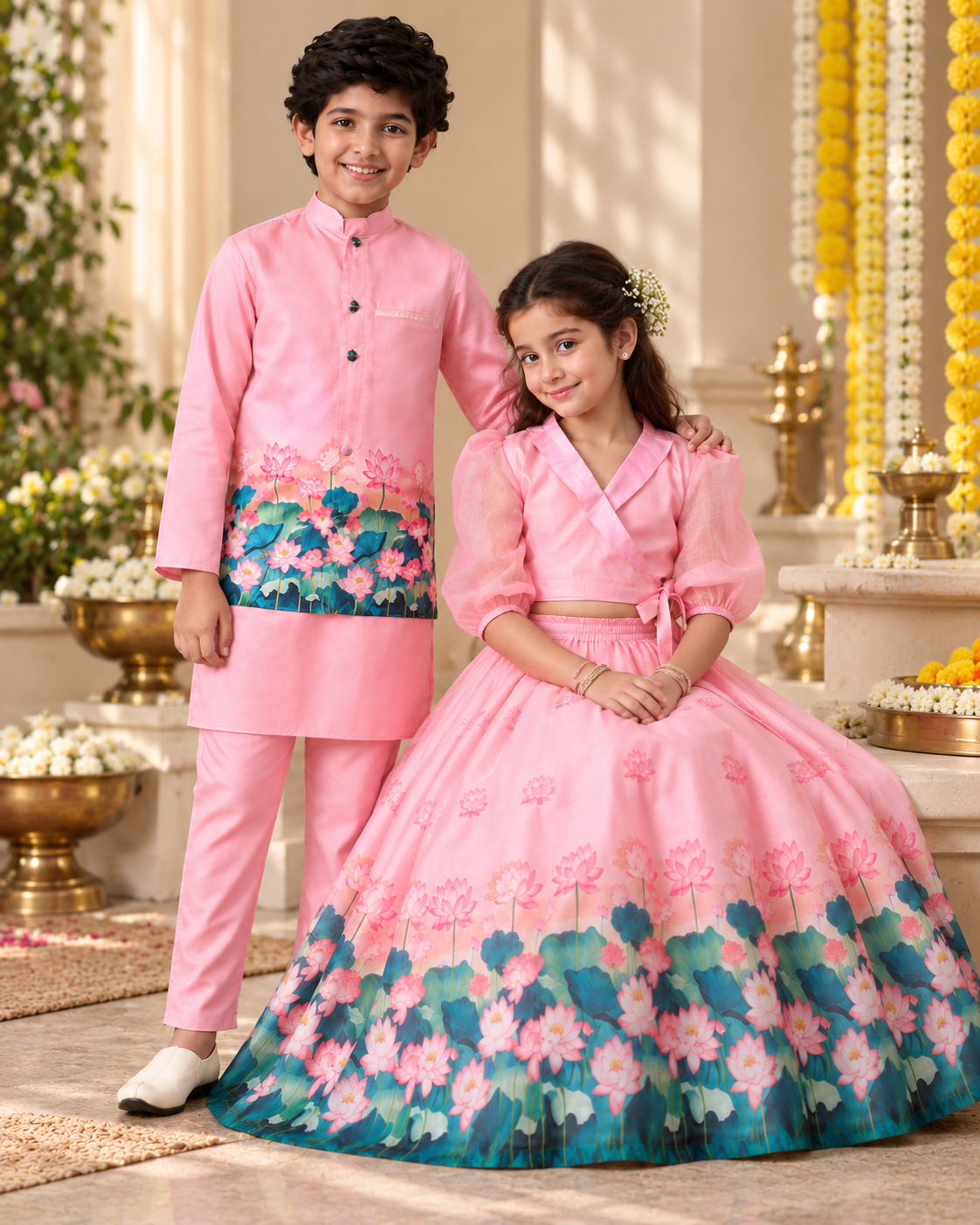 Pink Lotus Print Sibling Lehenga Choli & Kurta Pyjama Set