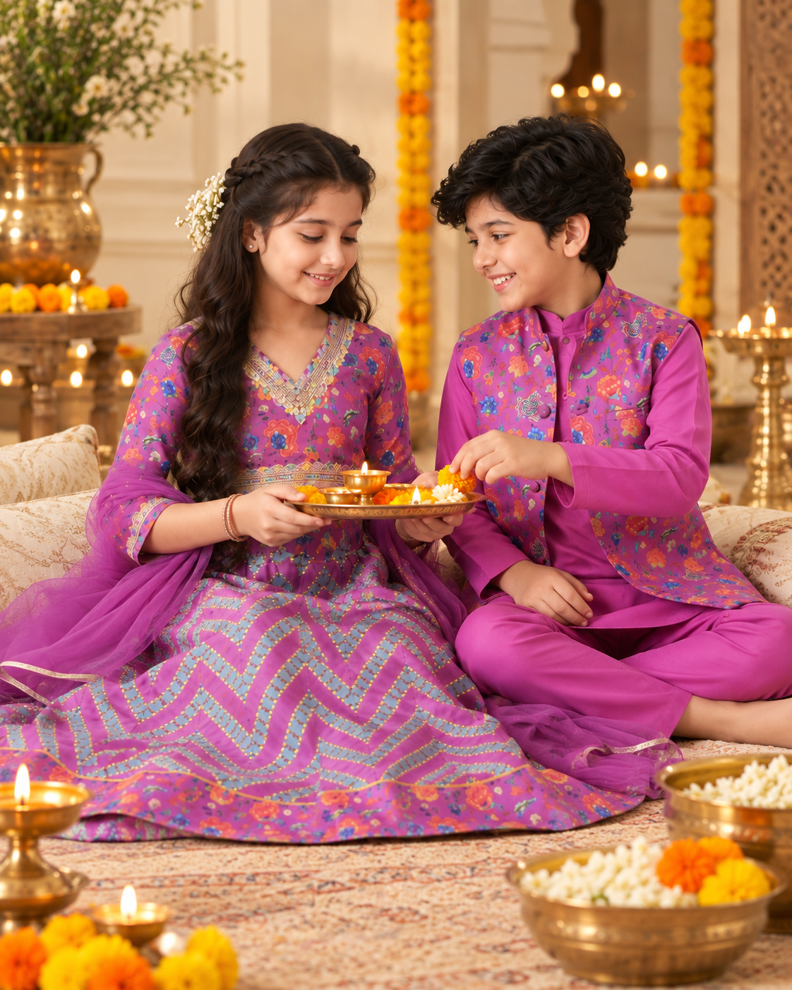 Violet Floral Sibling Lehenga Choli & Nehru Jacket Kurta Set for Kids