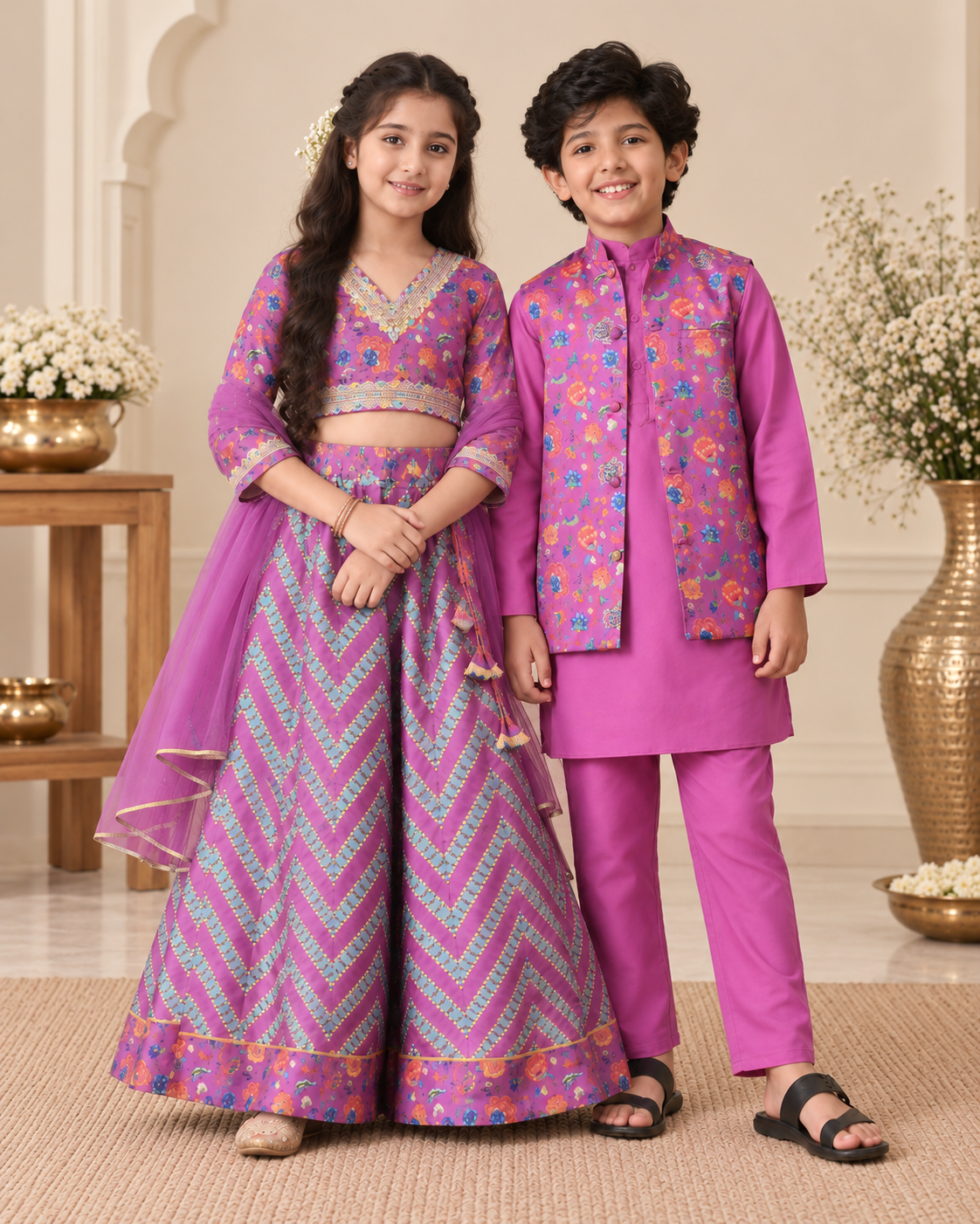 Violet Floral Sibling Lehenga Choli & Nehru Jacket Kurta Set for Kids