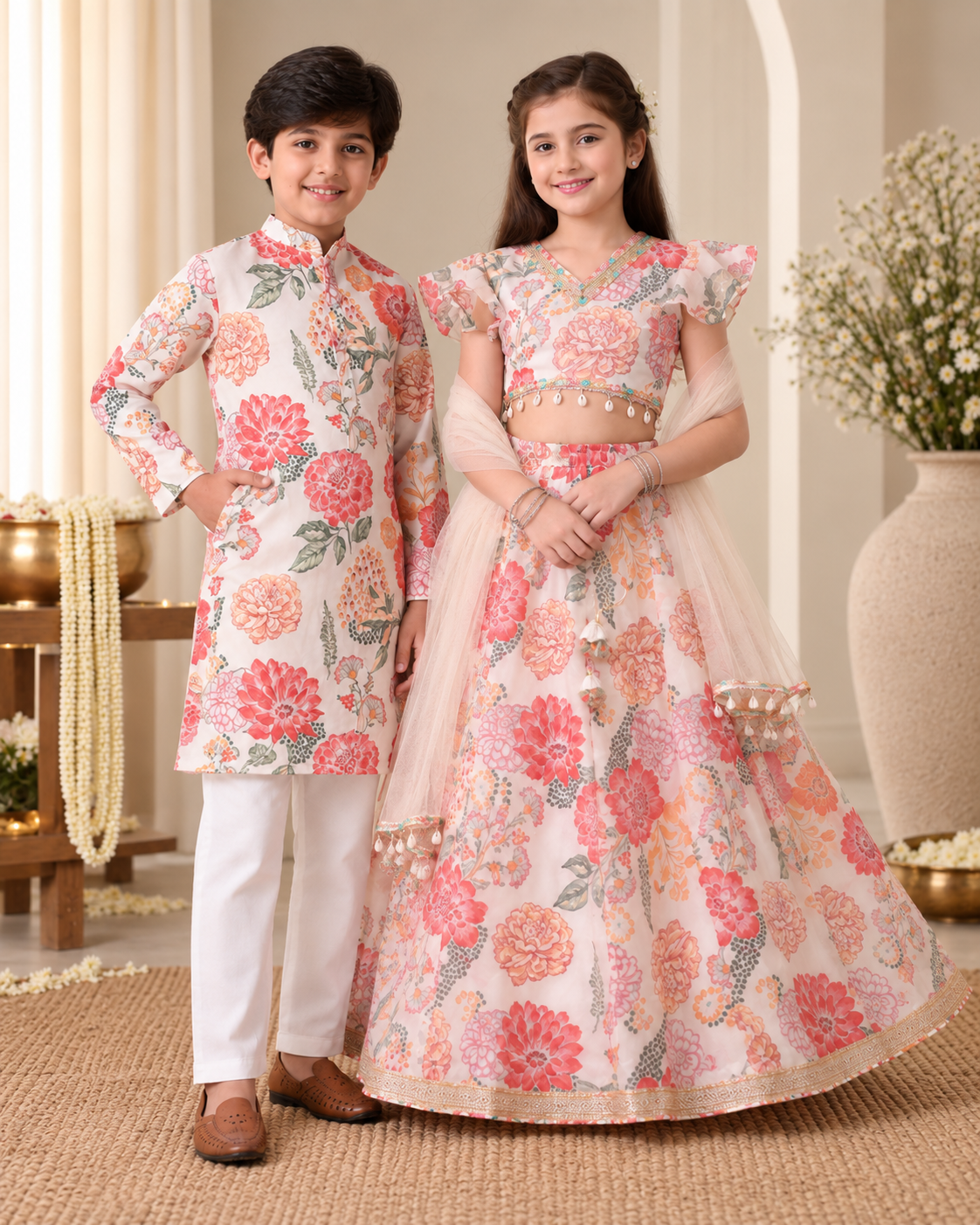 Floral Print Sibling Lehenga Choli & Kurta Pyjama Set for Kids