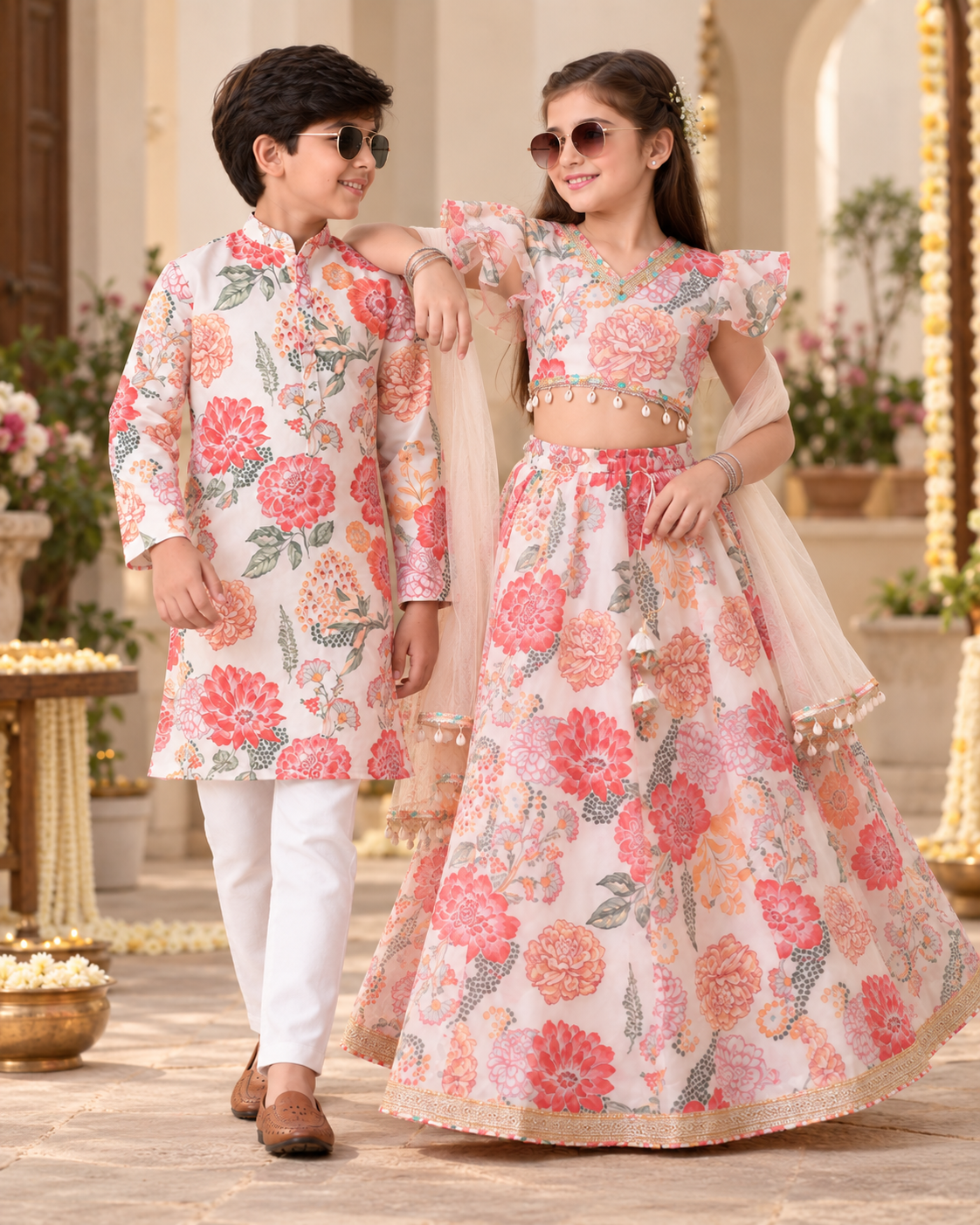 Floral Print Sibling Lehenga Choli & Kurta Pyjama Set for Kids