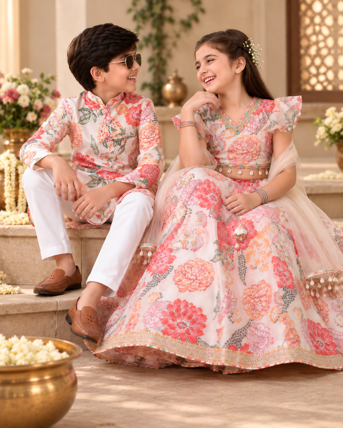 Floral Print Sibling Lehenga Choli & Kurta Pyjama Set for Kids