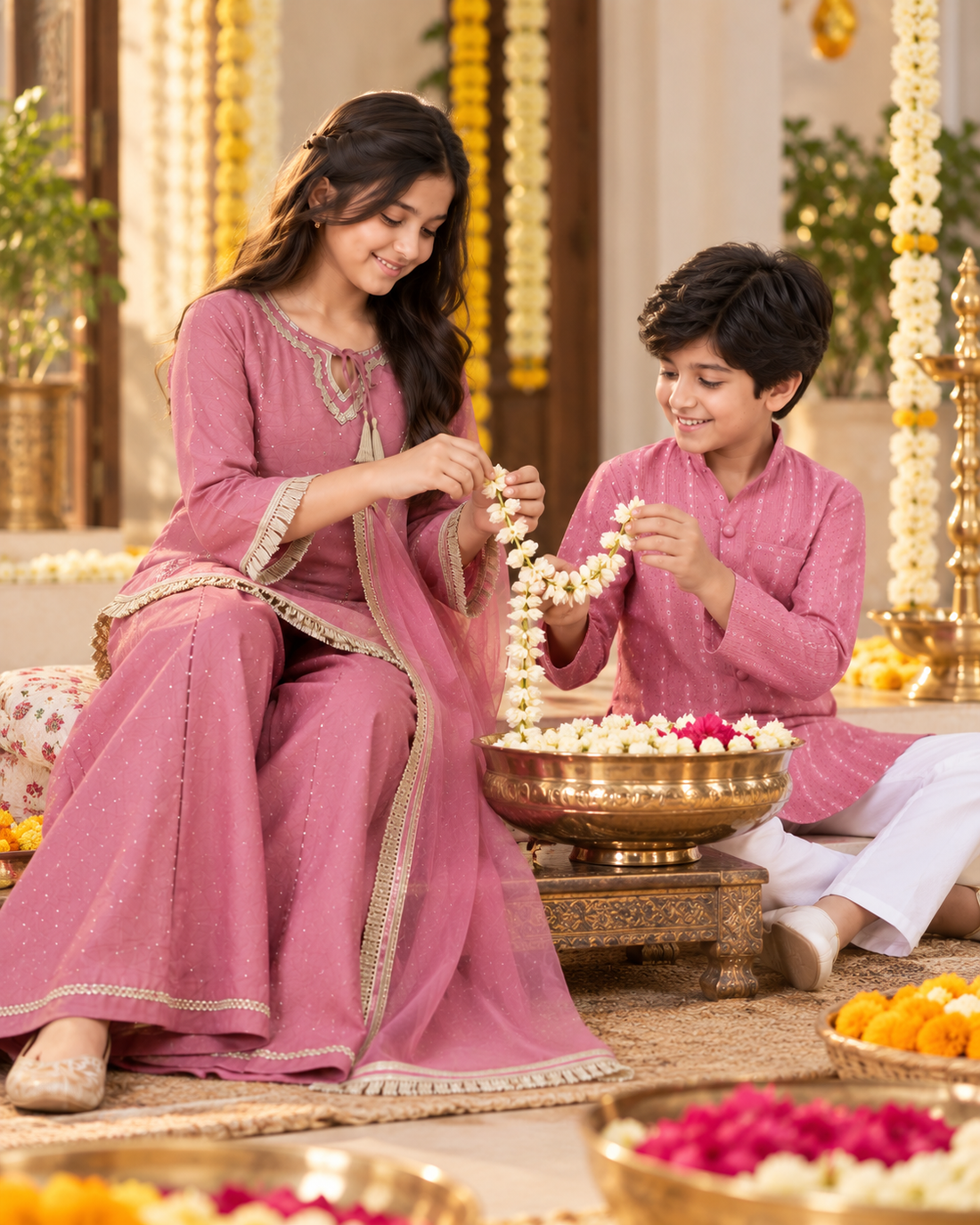 Mauve Sibling Sharara & Kurta Pyjama Festive Set for Kids