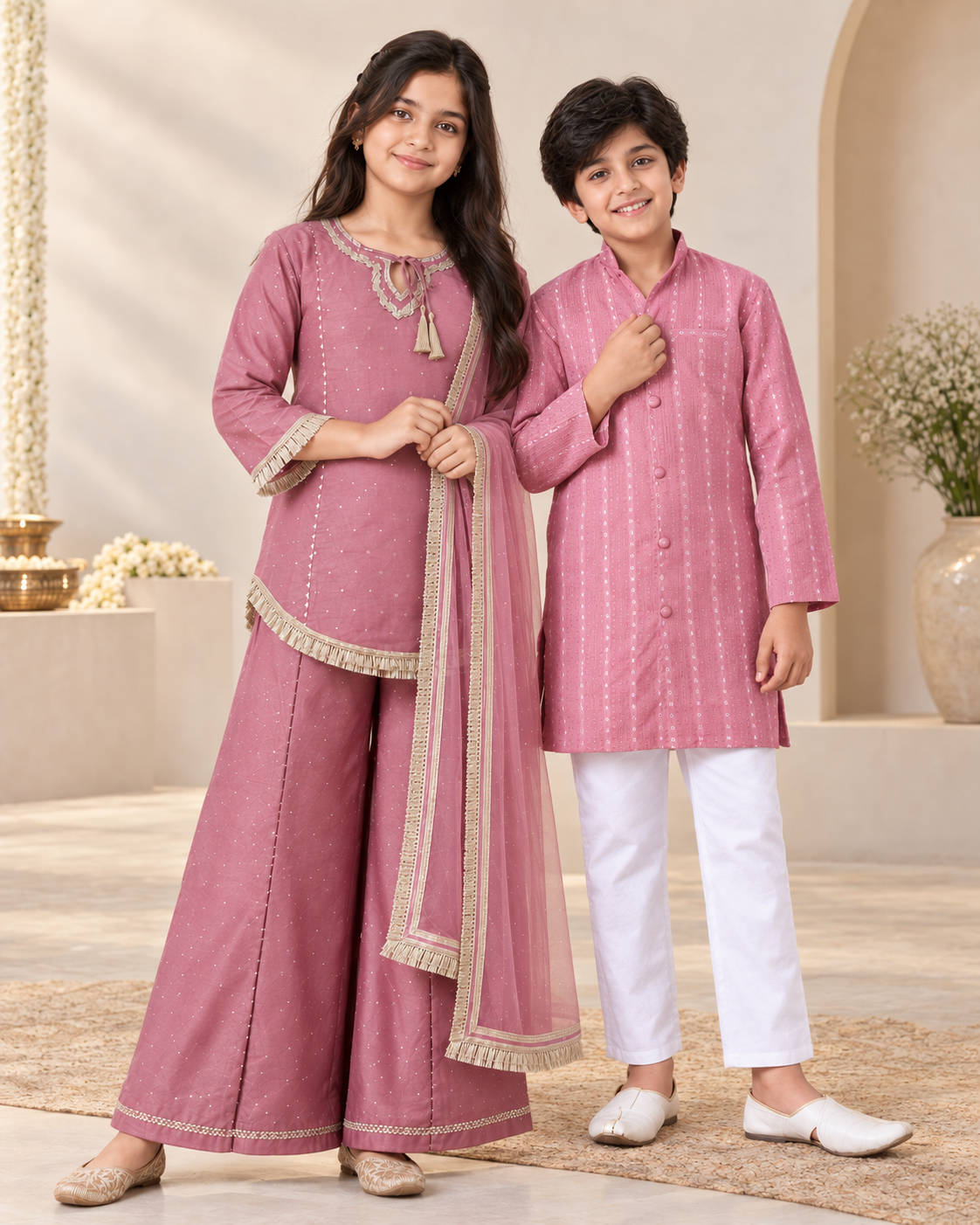 Mauve Sibling Sharara & Kurta Pyjama Festive Set for Kids