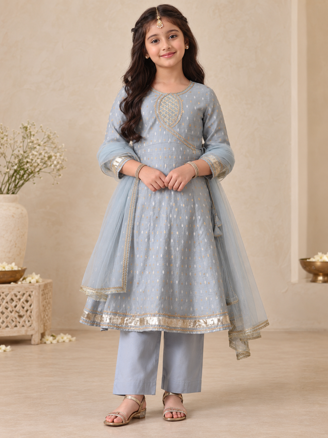 Grey Sibling Anarkali & Nehru Jacket Kurta Set