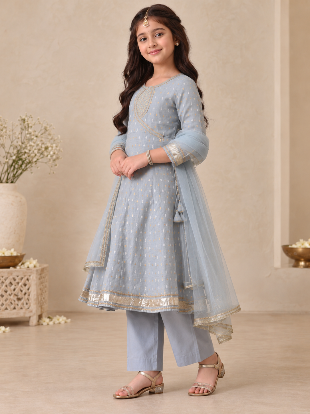 Grey Sibling Anarkali & Nehru Jacket Kurta Set