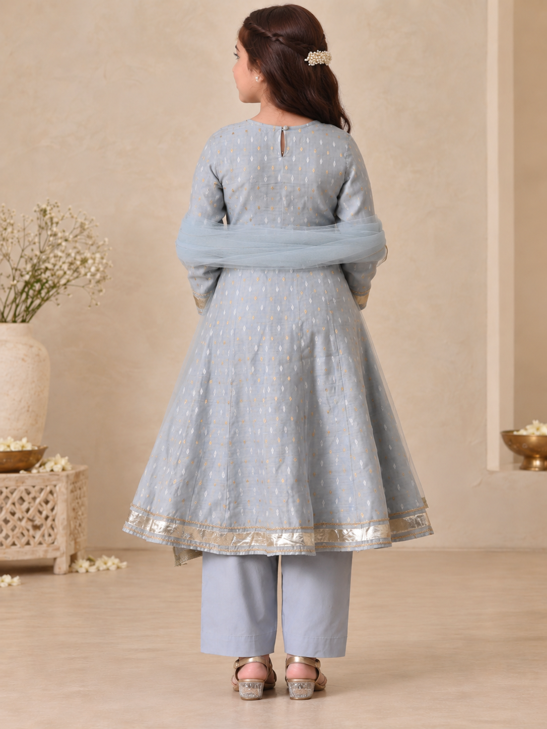 Grey Sibling Anarkali & Nehru Jacket Kurta Set