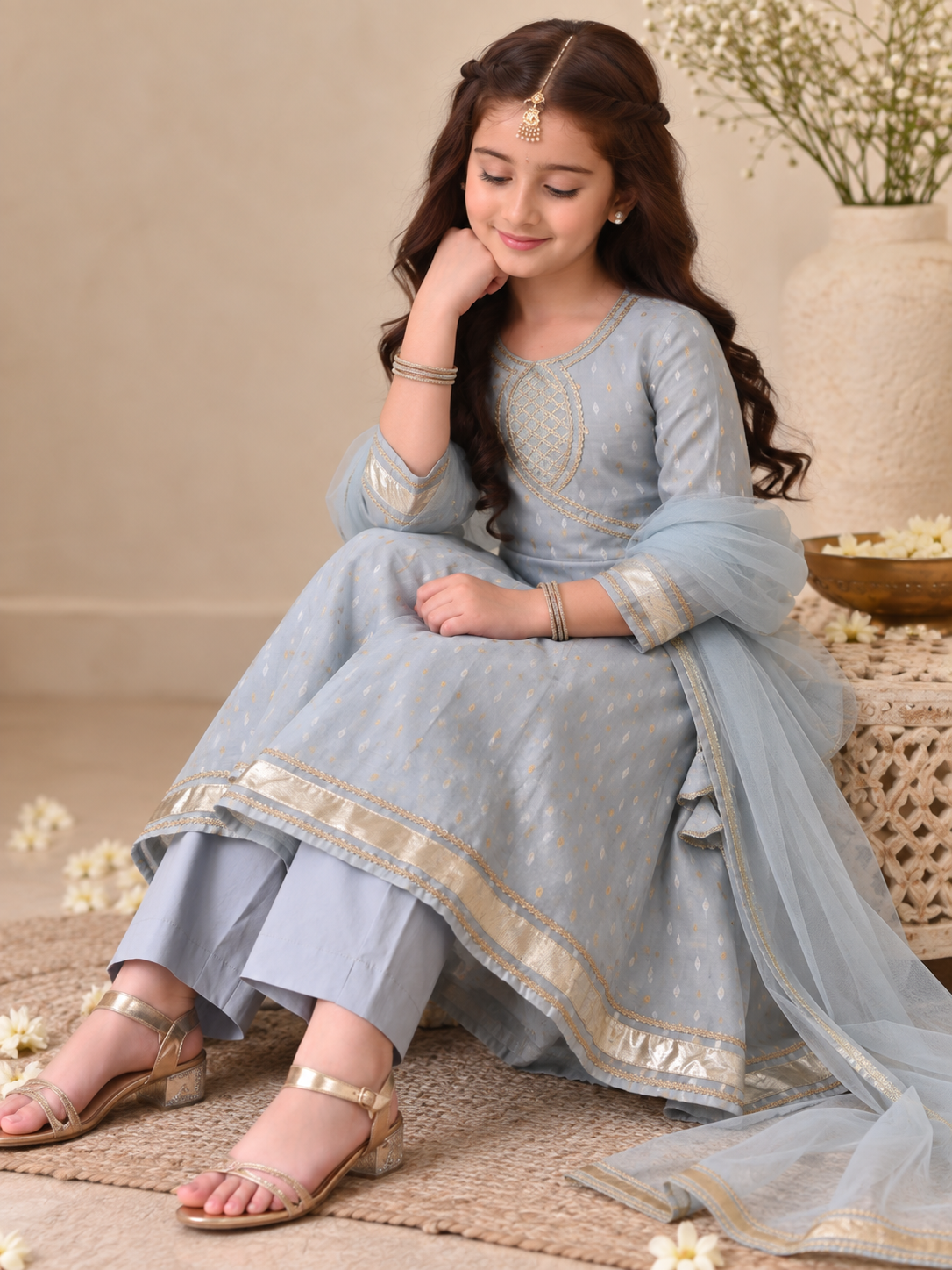 Grey Sibling Anarkali & Nehru Jacket Kurta Set