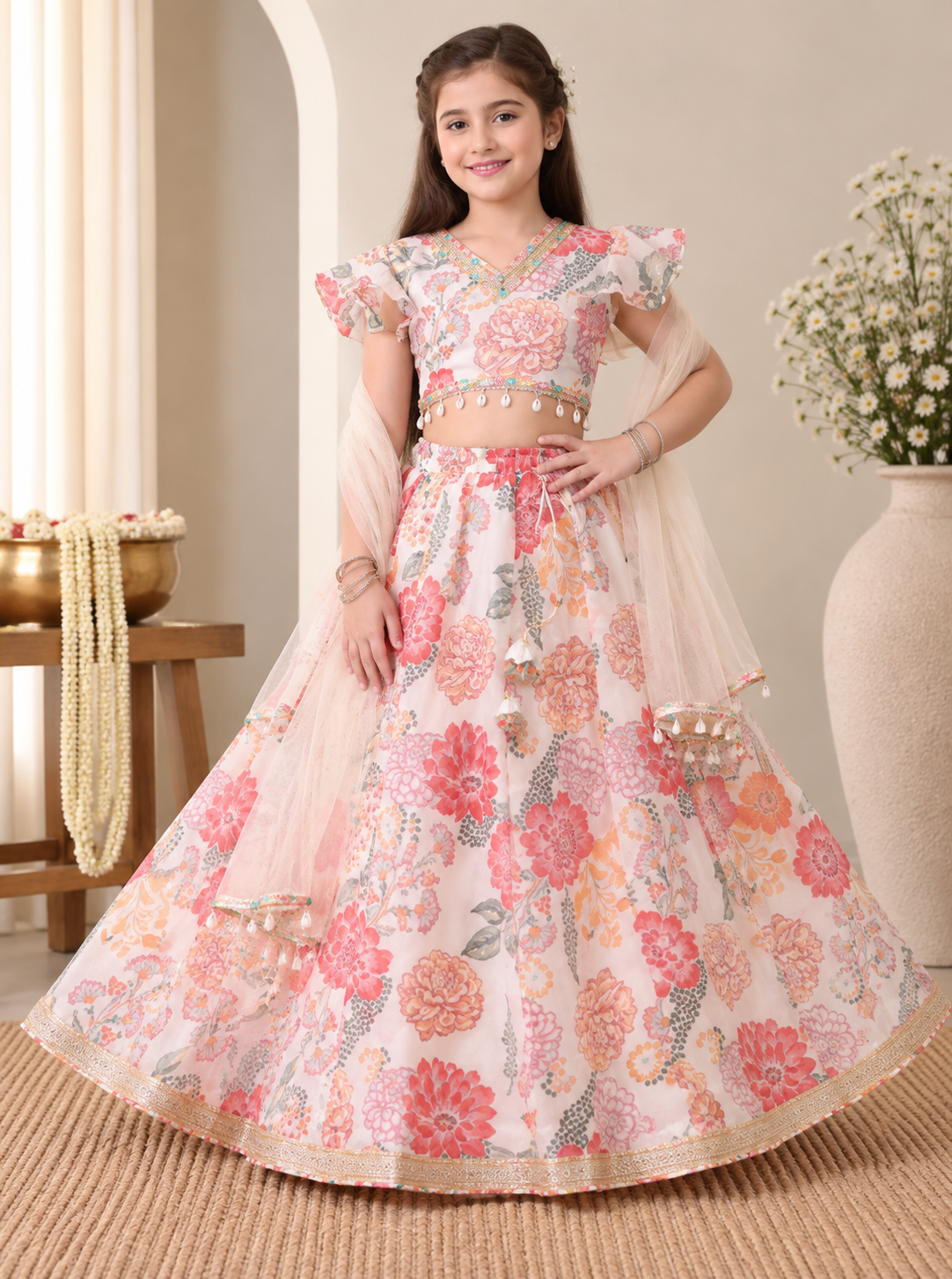 Floral Print Sibling Lehenga Choli & Kurta Pyjama Set for Kids