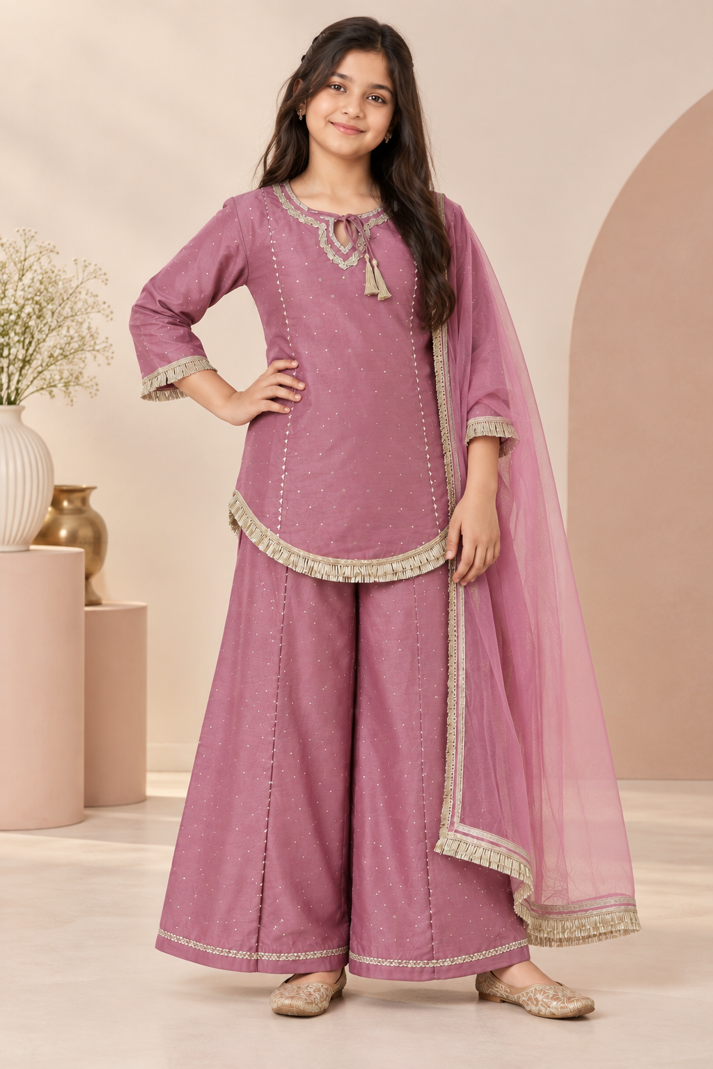 Mauve Sibling Sharara & Kurta Pyjama Festive Set for Kids