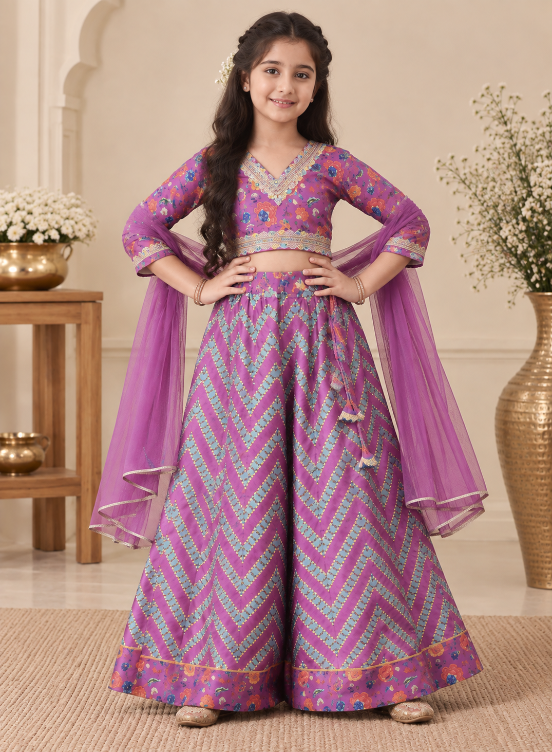 Violet Floral Sibling Lehenga Choli & Nehru Jacket Kurta Set for Kids