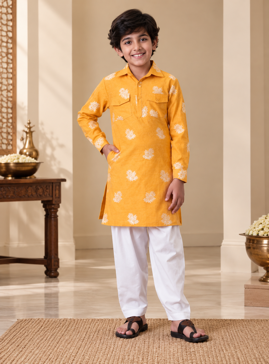 Yellow Floral Sibling Lehenga Choli & Kurta Pyjama Set