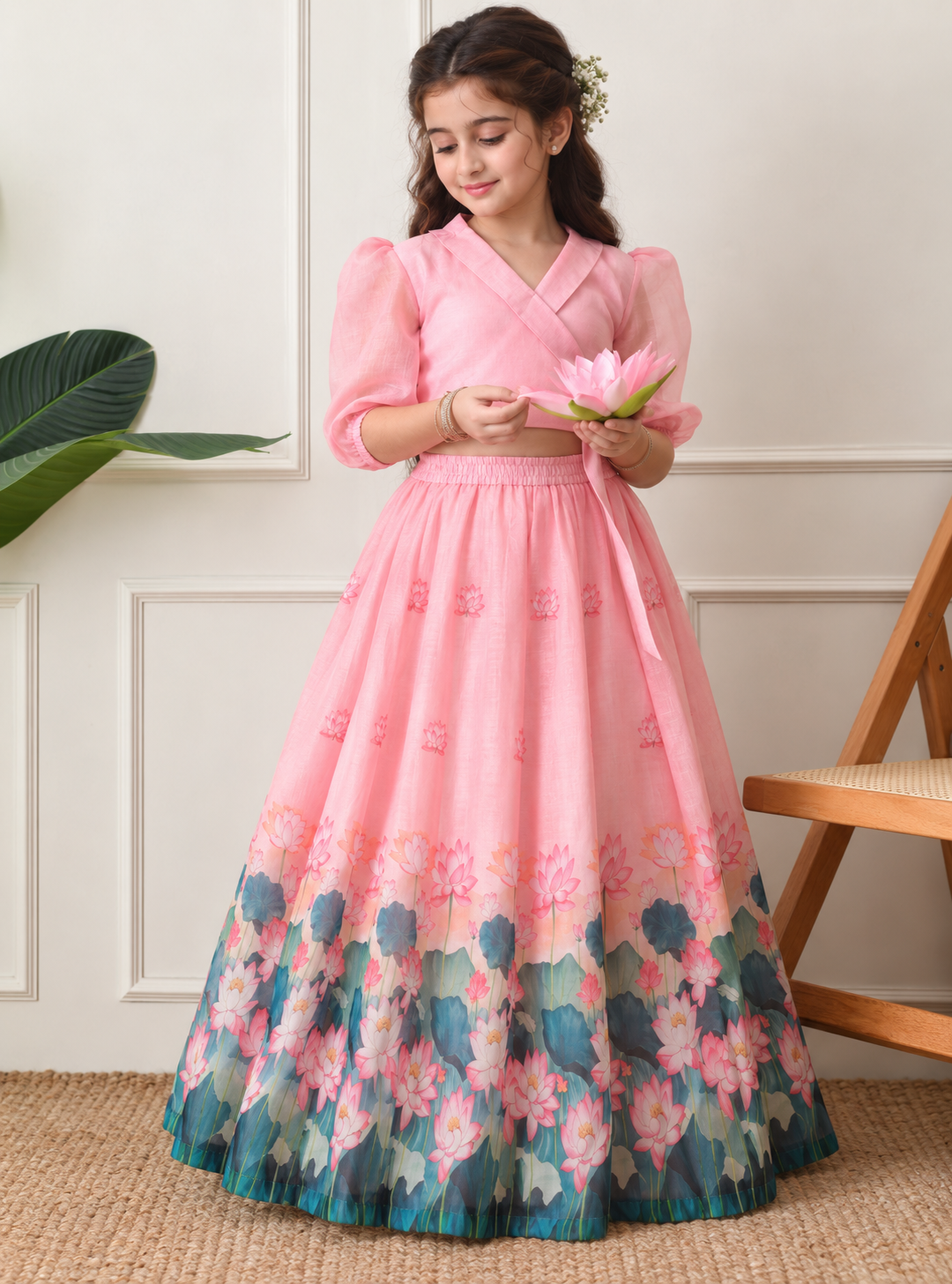 Pink Lotus Print Sibling Lehenga Choli & Kurta Pyjama Set