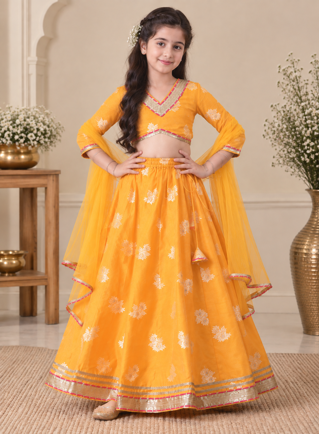 Yellow Floral Sibling Lehenga Choli & Kurta Pyjama Set