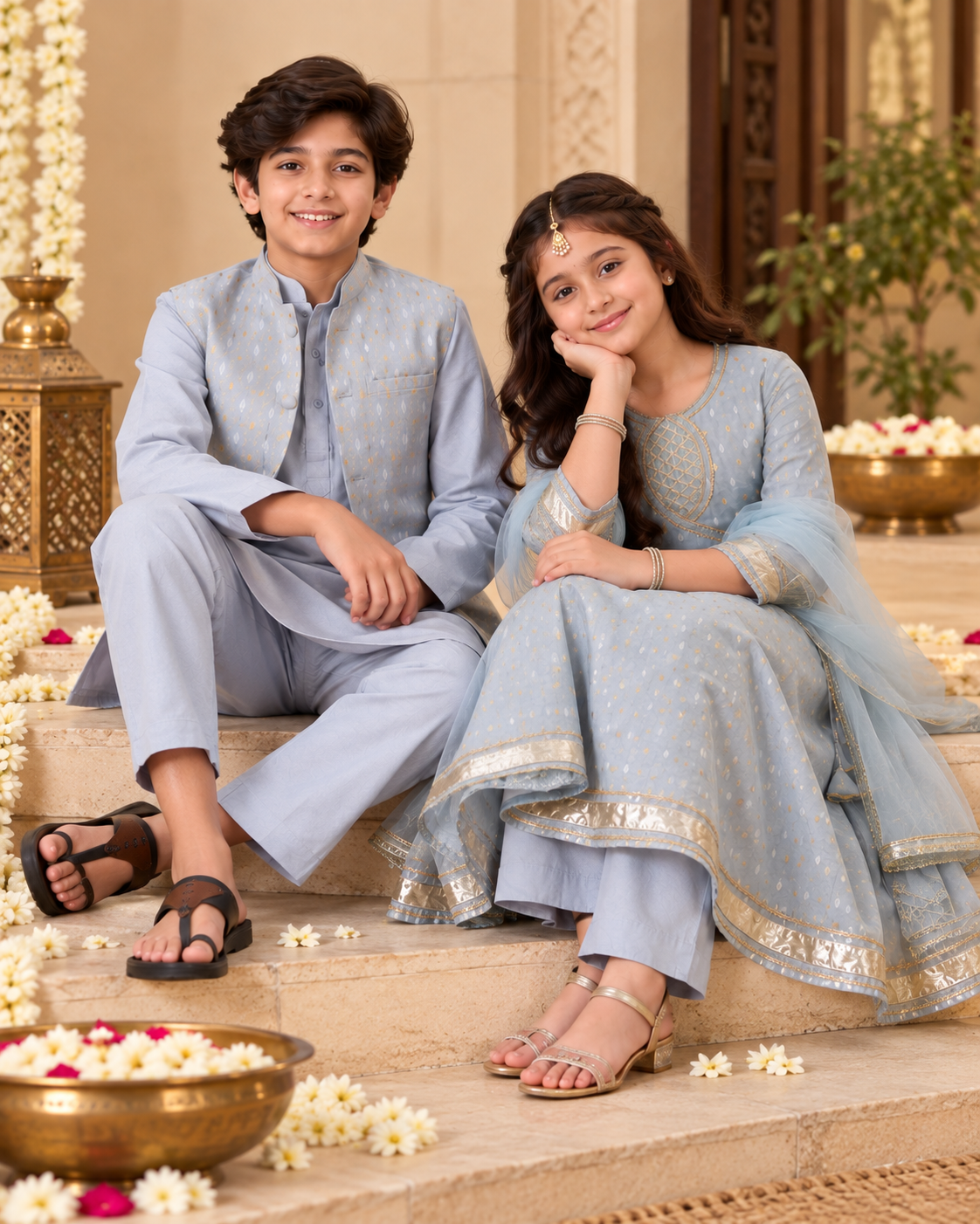Grey Sibling Anarkali & Nehru Jacket Kurta Set