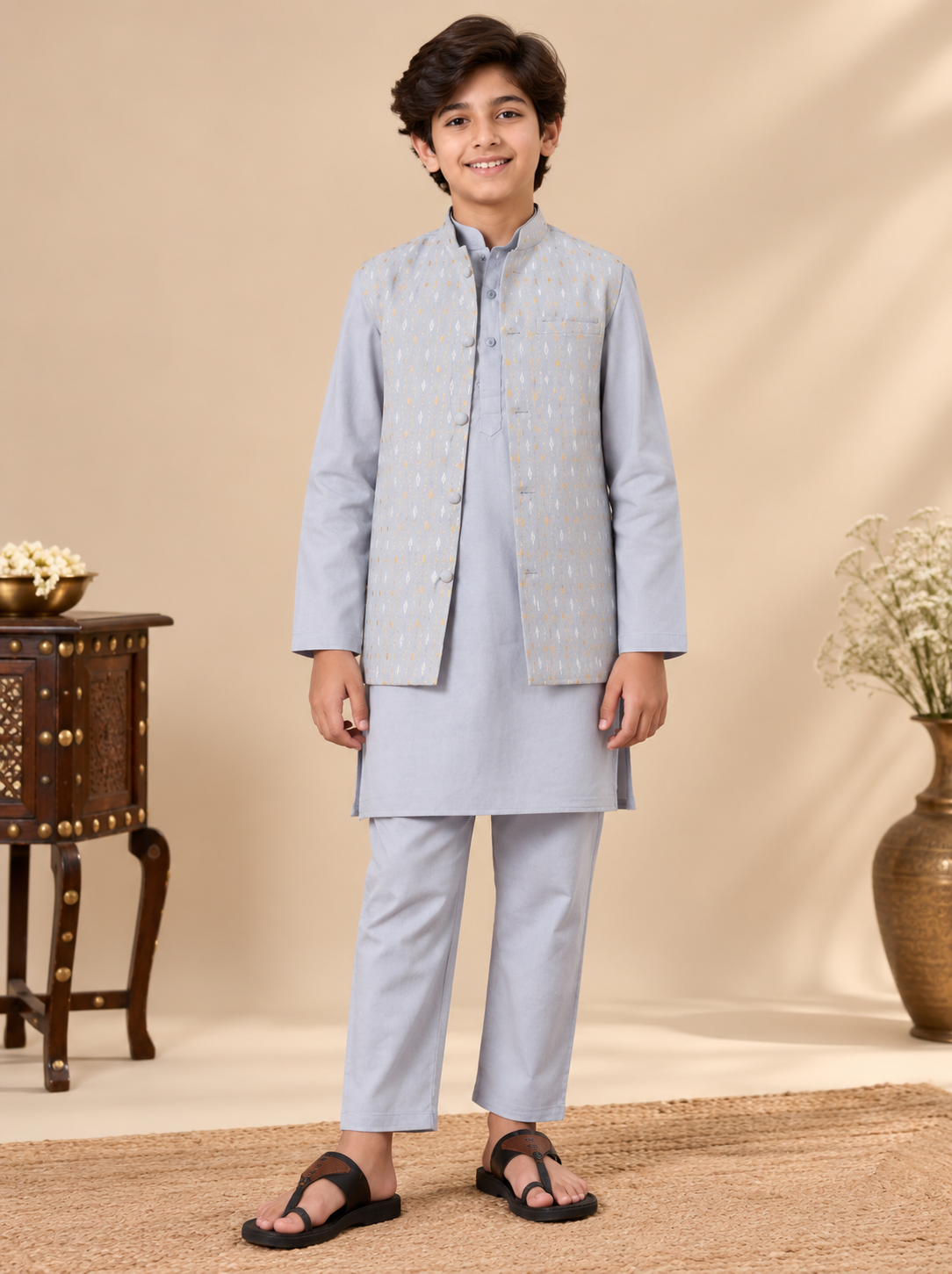 Grey Sibling Anarkali & Nehru Jacket Kurta Set