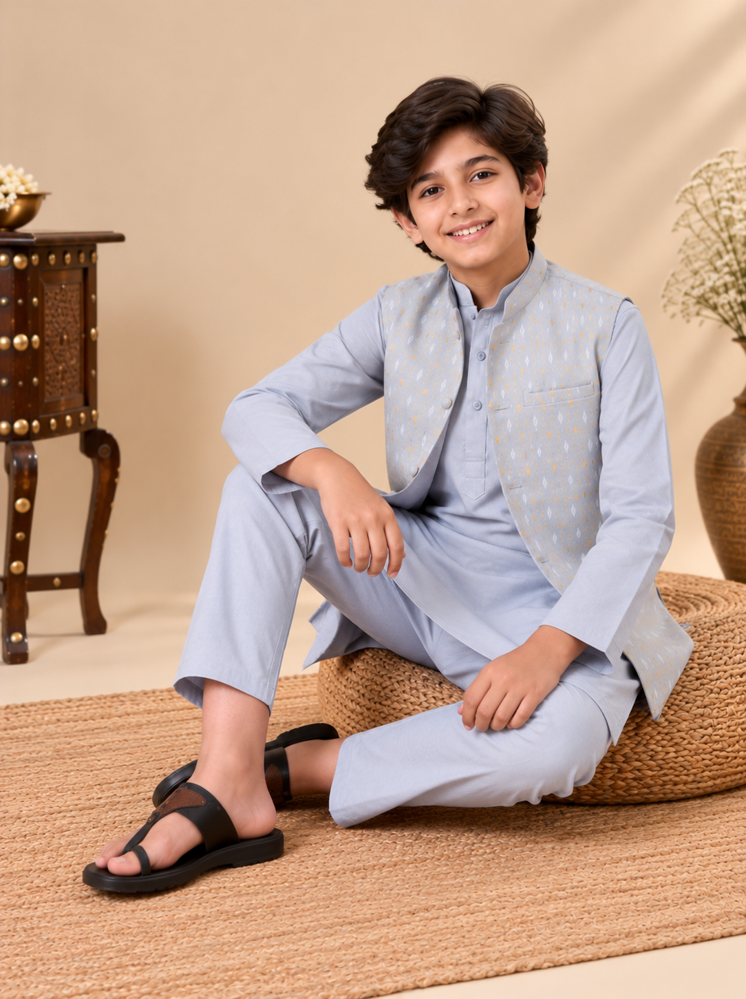 Grey Sibling Anarkali & Nehru Jacket Kurta Set