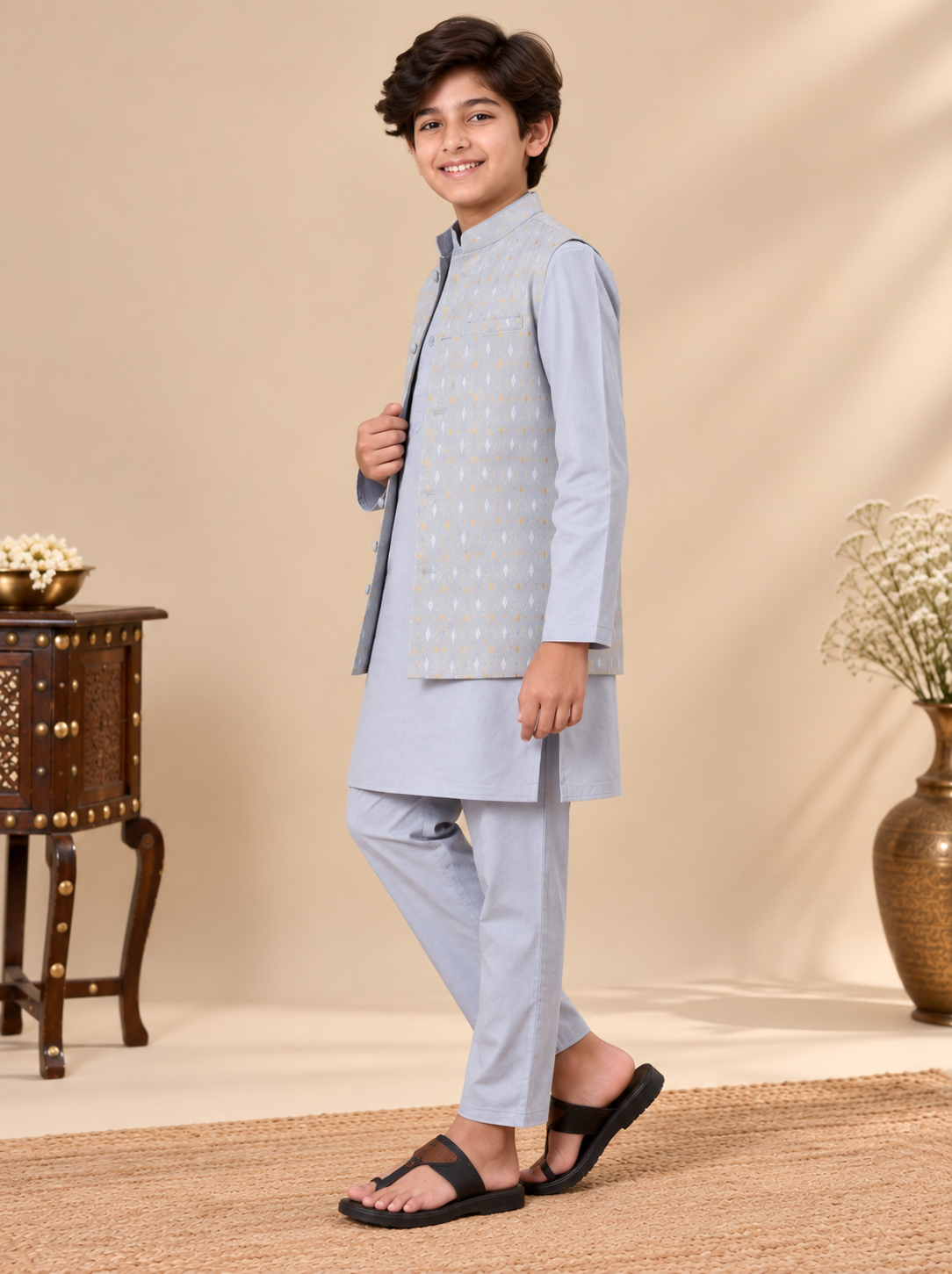 Grey Sibling Anarkali & Nehru Jacket Kurta Set