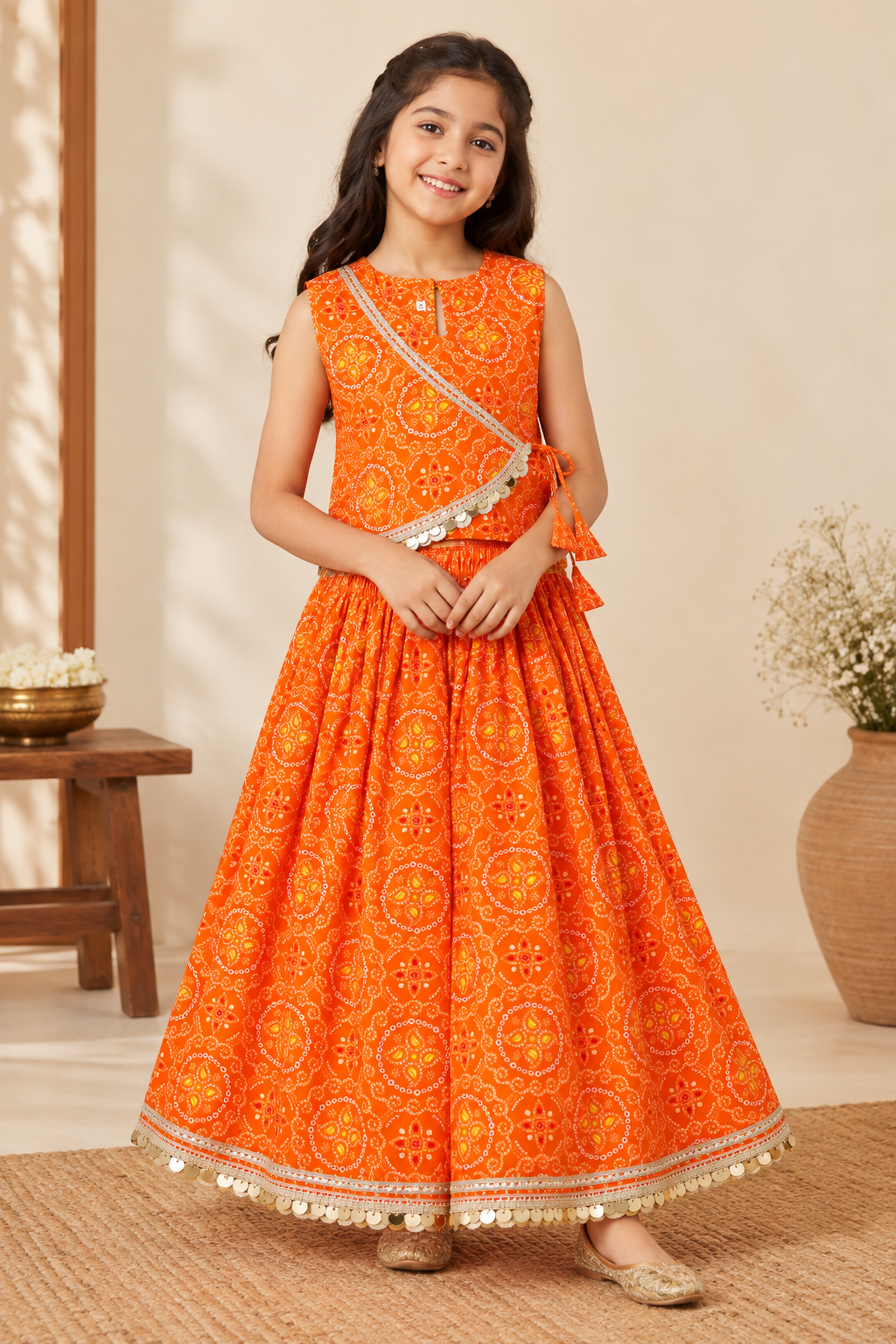 Kesariya Bandhani Sibling Lehenga & Kurta Jacket Set