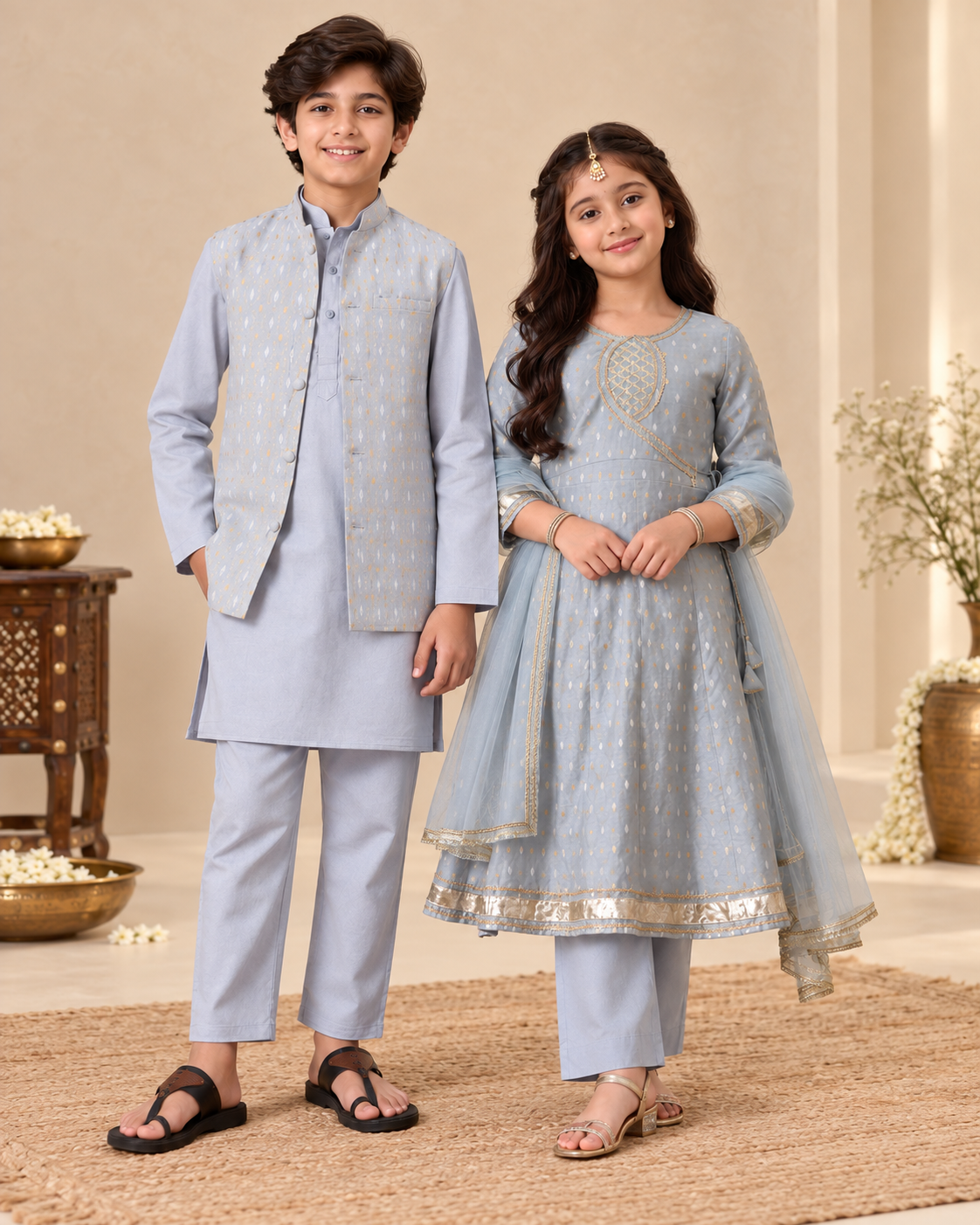 Grey Sibling Anarkali & Nehru Jacket Kurta Set