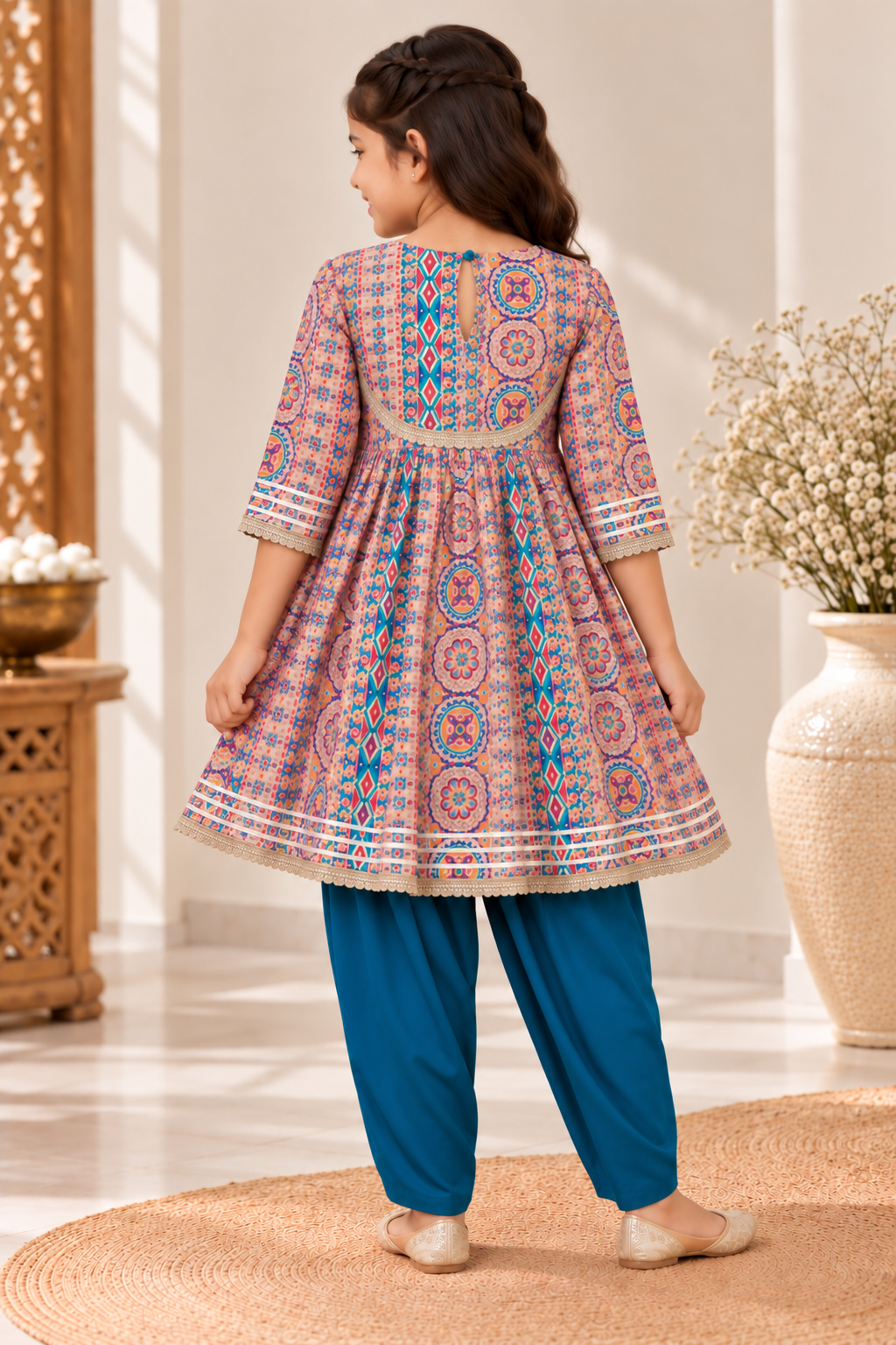 Teal Heritage Print Dhoti Kurta Set