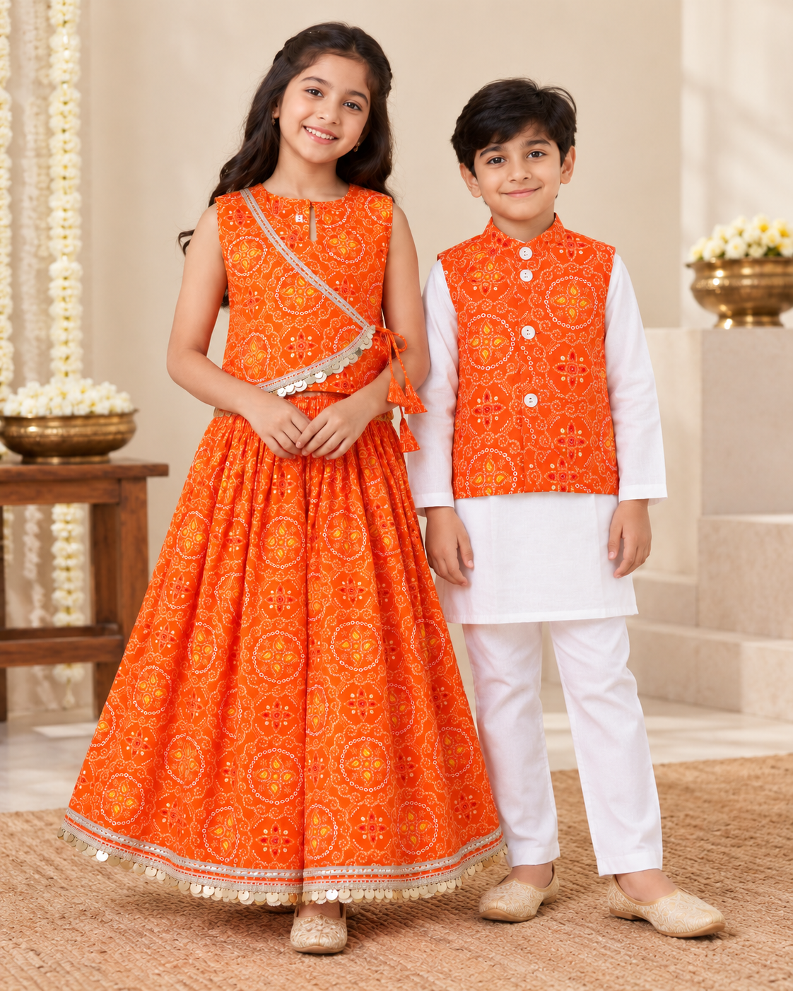 Kesariya Bandhani Sibling Lehenga & Kurta Jacket Set
