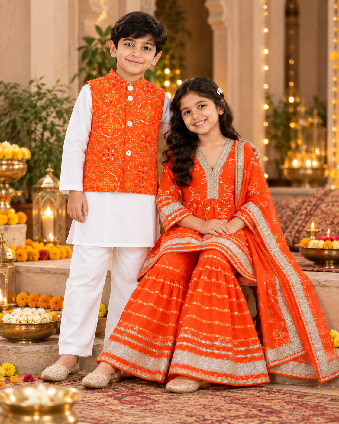 Kesariya Bandhani Sibling Set