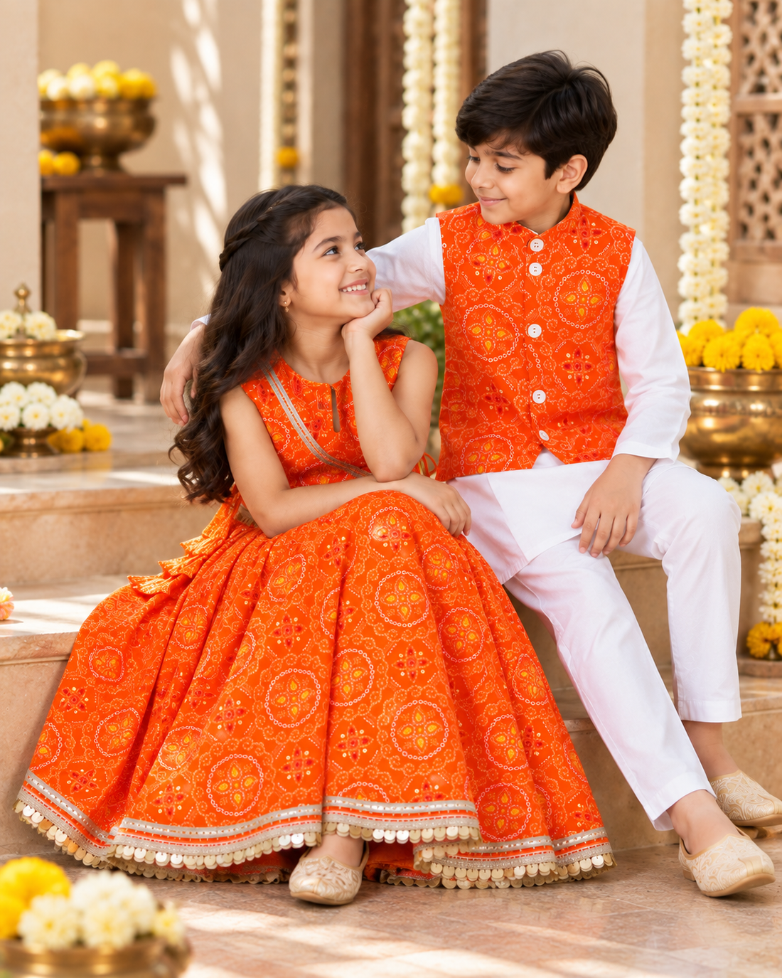 Kesariya Bandhani Sibling Lehenga & Kurta Jacket Set