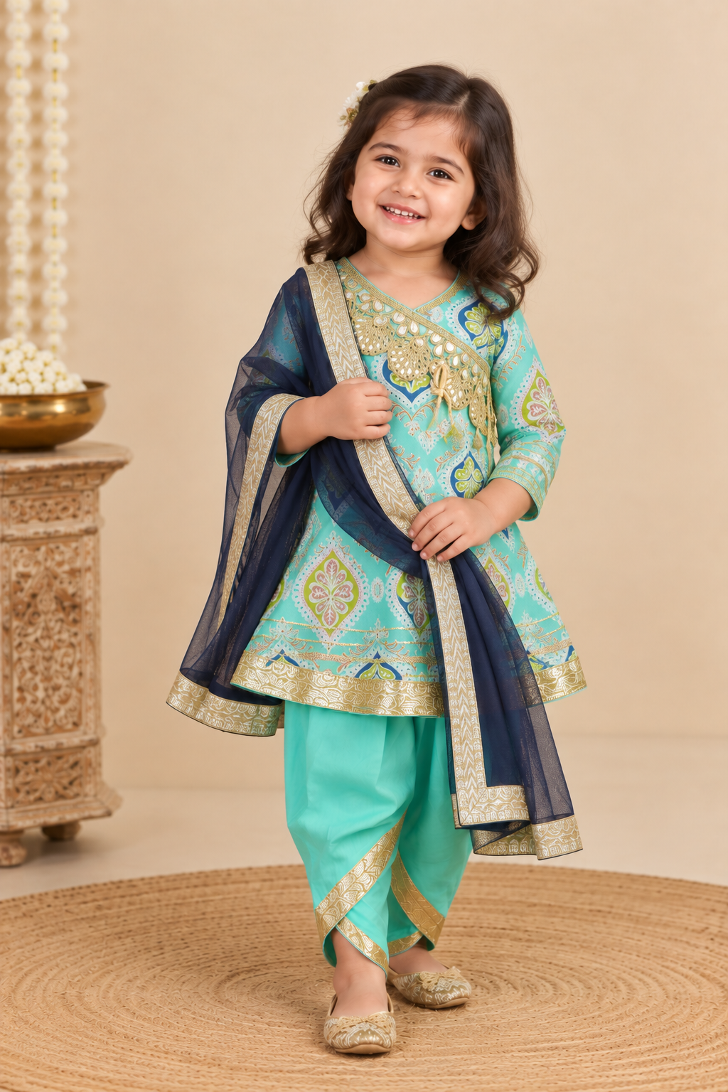 Girls Printed Angrakha Kurti with Dhoti & Dupatta