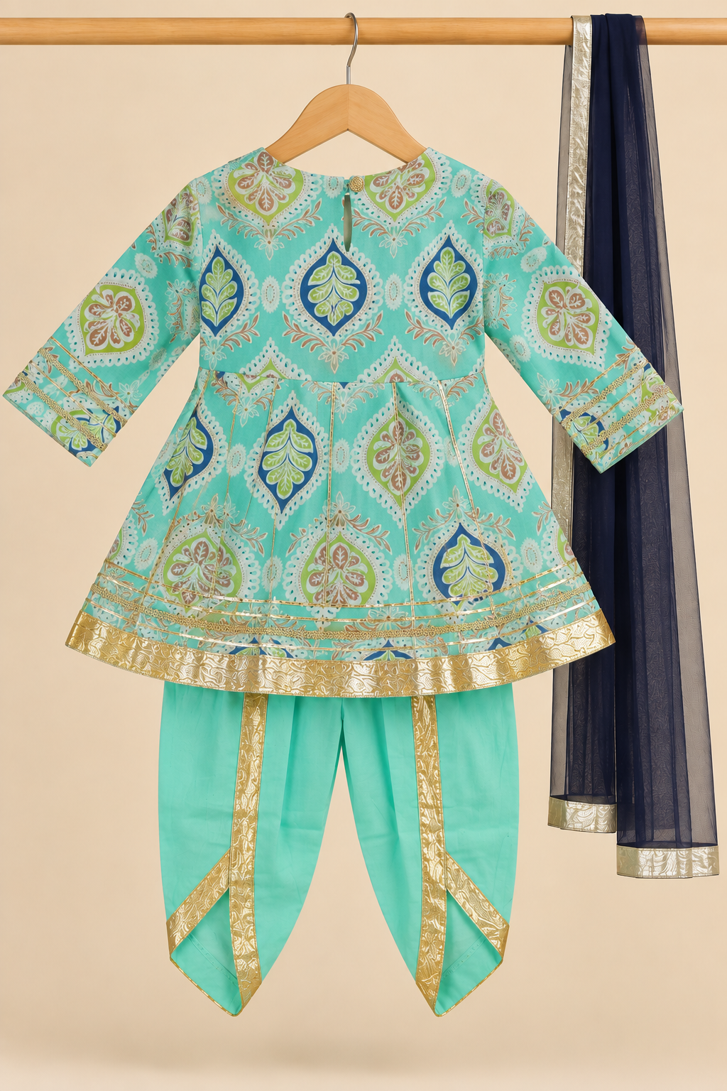 Girls Printed Angrakha Kurti with Dhoti & Dupatta