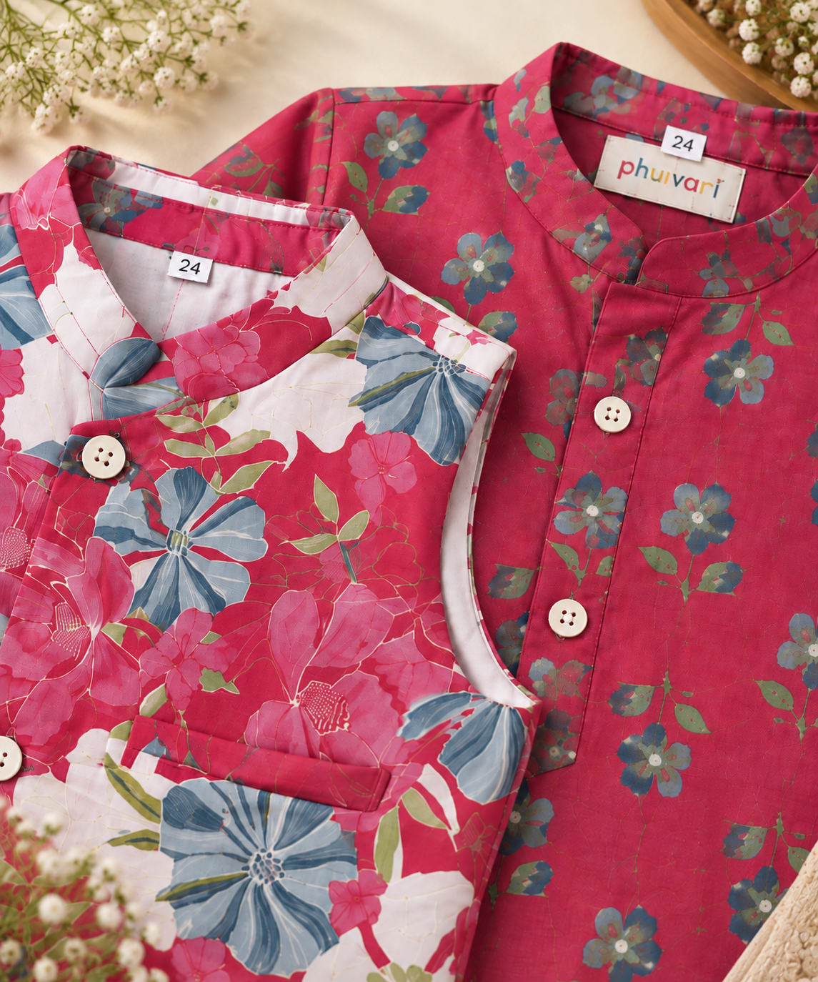 Boys Floral Printed 100% Cotton Kurta with Trousers & Nehru Jacket
