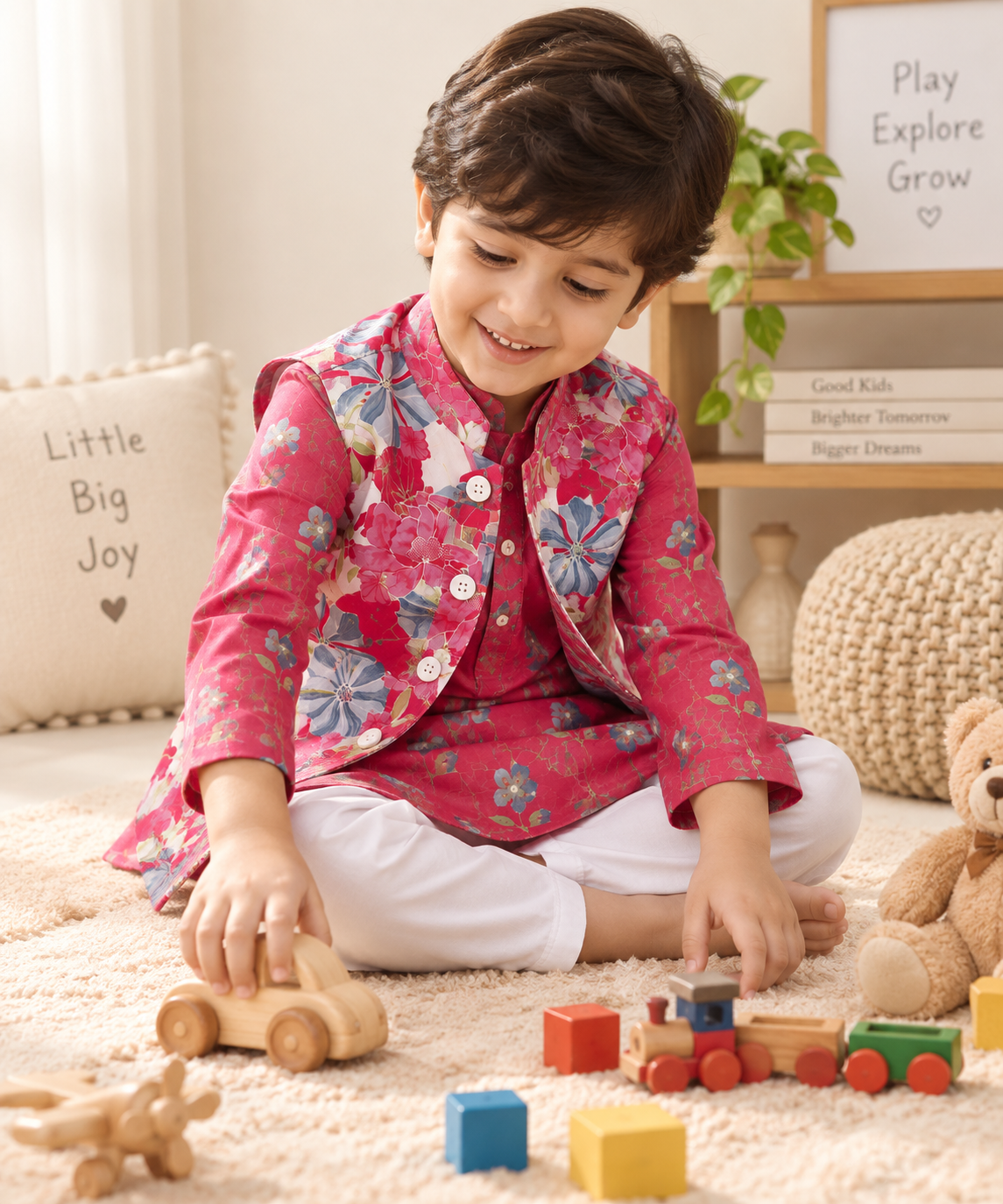 Boys Floral Printed 100% Cotton Kurta with Trousers & Nehru Jacket