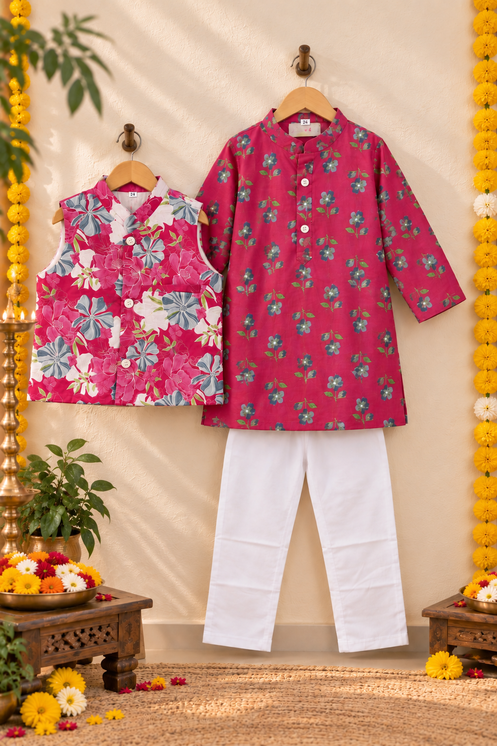 Boys Floral Printed 100% Cotton Kurta with Trousers & Nehru Jacket