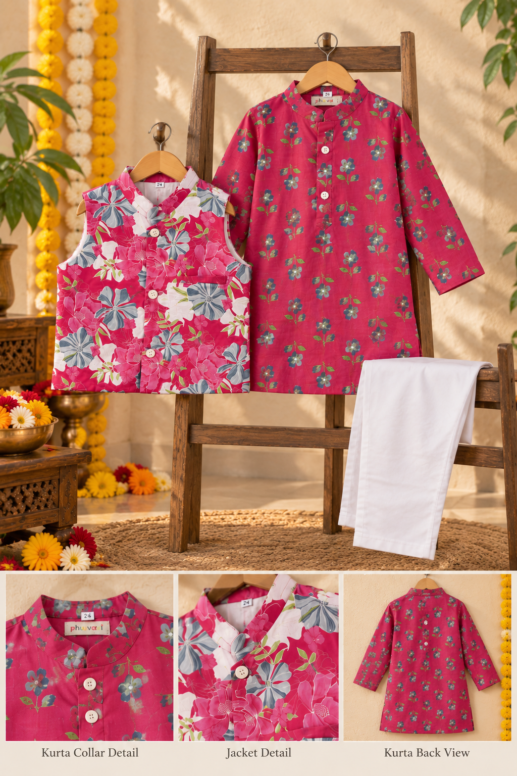 Boys Floral Printed 100% Cotton Kurta with Trousers & Nehru Jacket