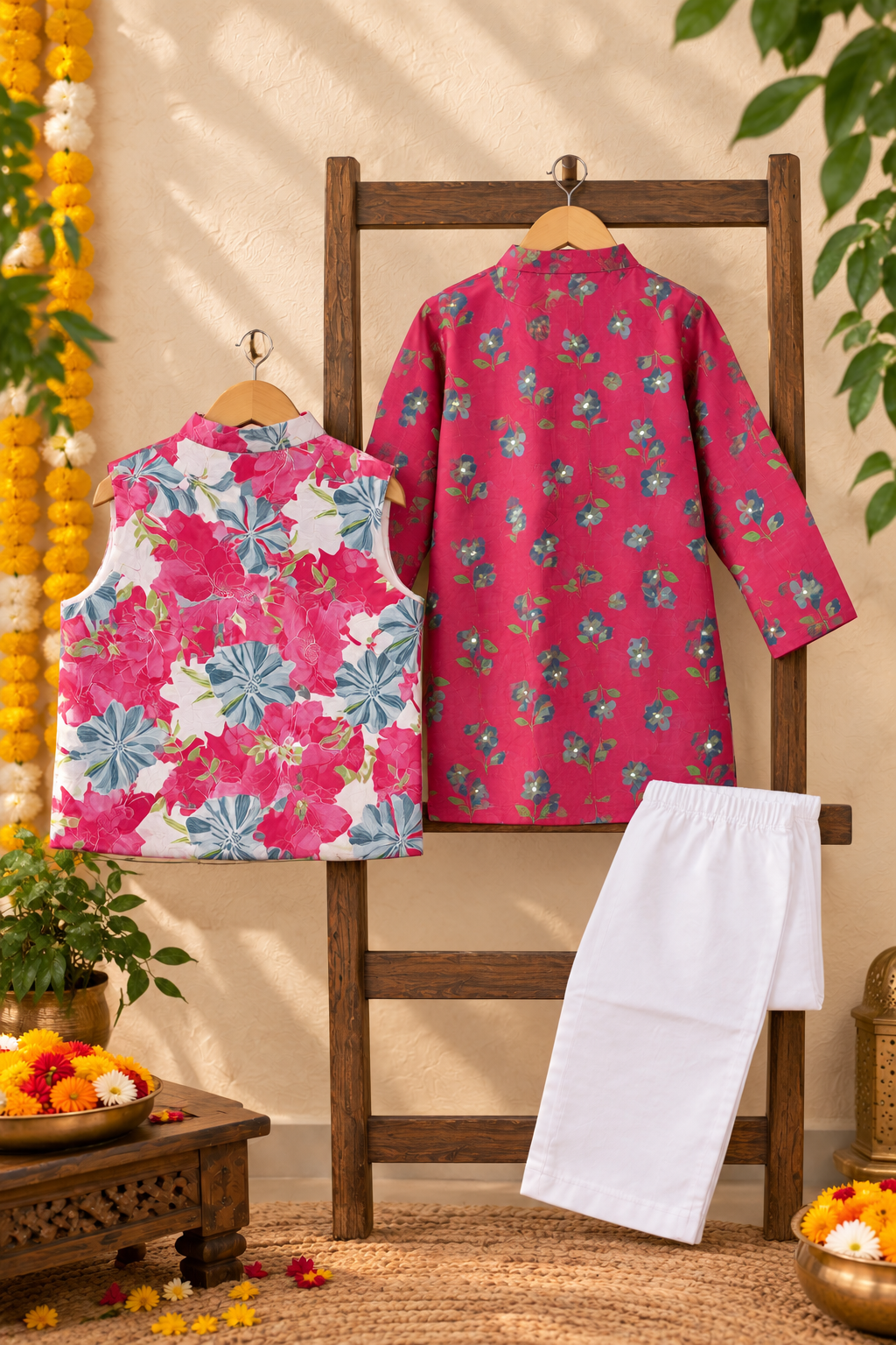 Boys Floral Printed 100% Cotton Kurta with Trousers & Nehru Jacket