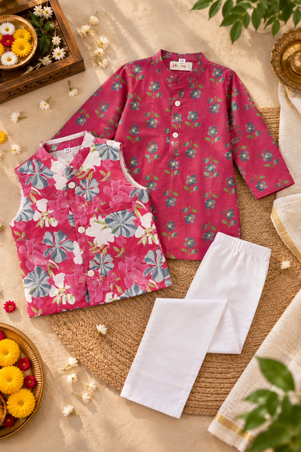 Boys Floral Printed 100% Cotton Kurta with Trousers & Nehru Jacket