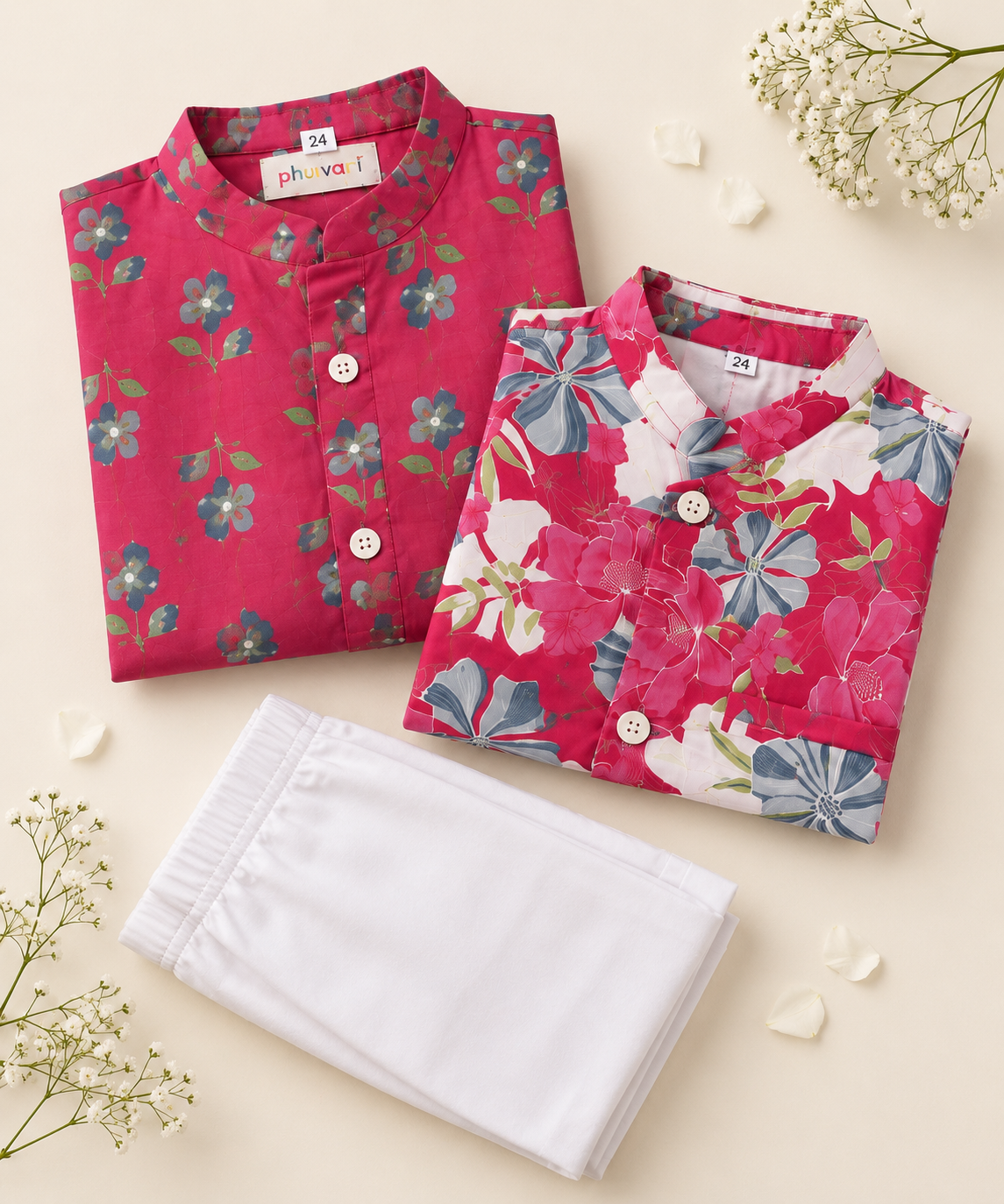 Boys Floral Printed 100% Cotton Kurta with Trousers & Nehru Jacket