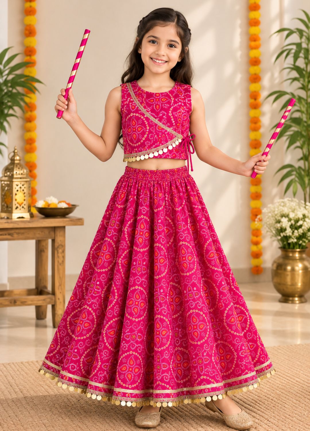 Girls Bandhani Printed 100% Cotton Lehenga Choli