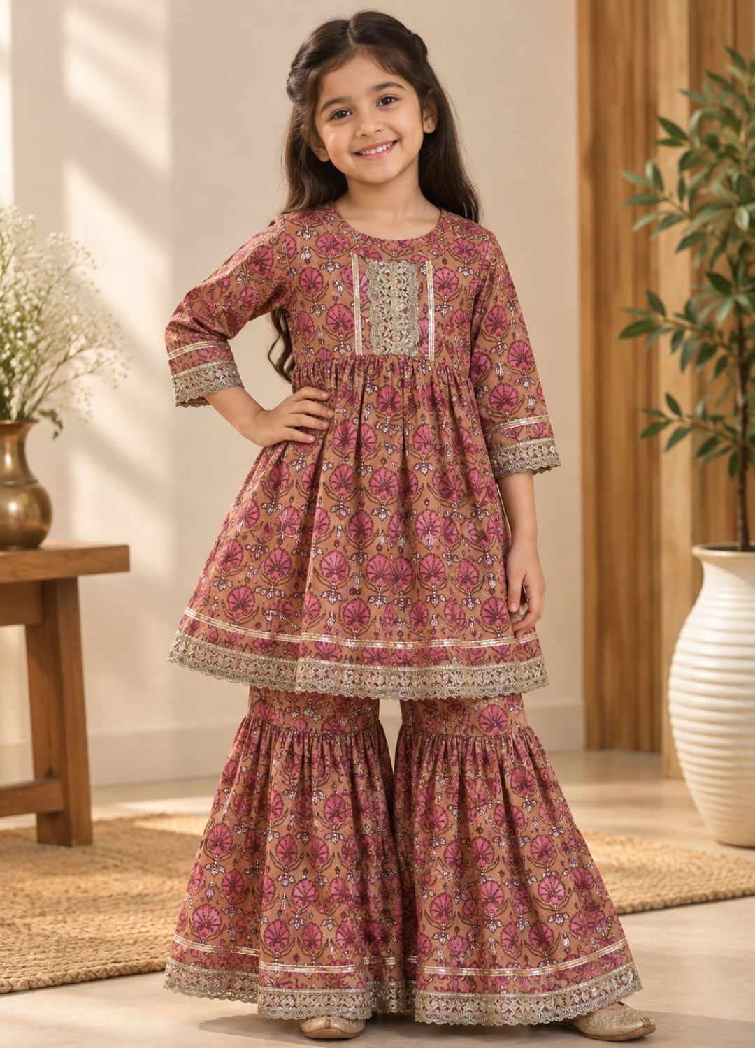 Girls Ethnic Motif Printed 100% Cotton Kurti with Sharara
