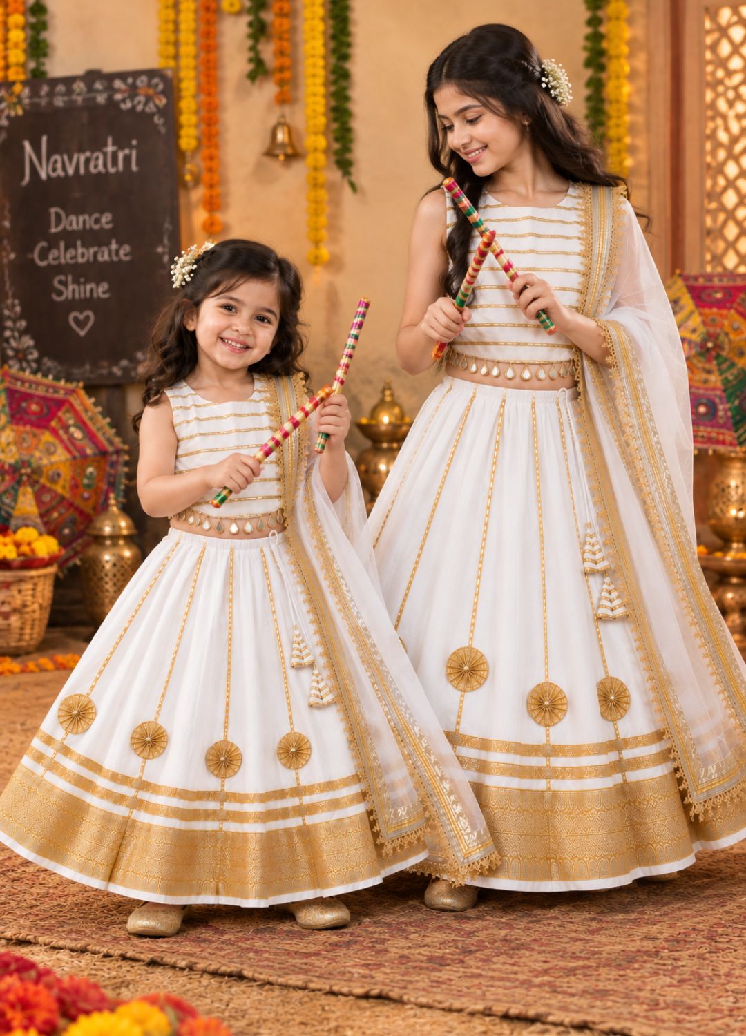 Girls Ivory & Gold 100% Cotton Lehenga Choli with Dupatta