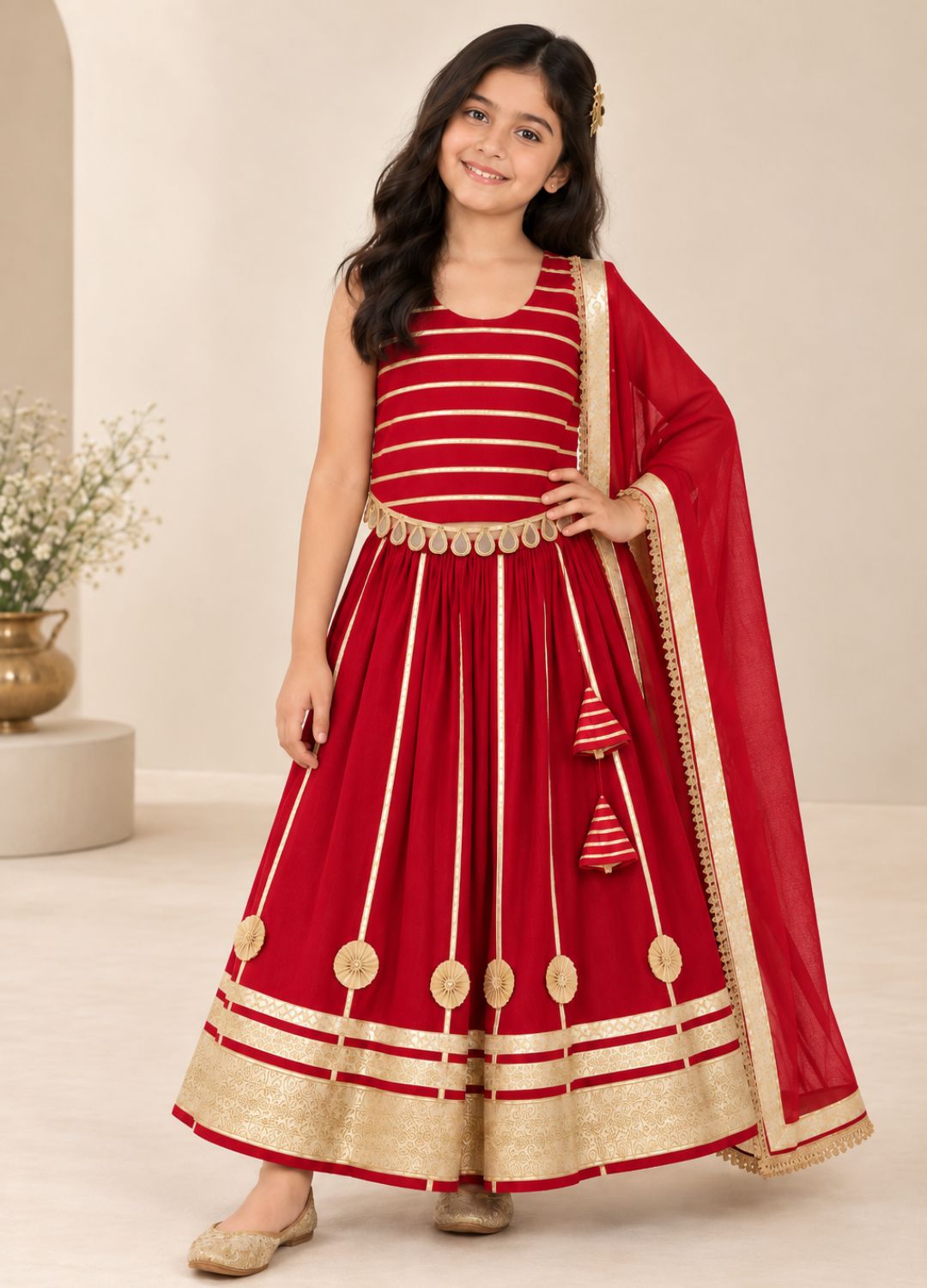 Girls Red Gota Patti Navratri Lehenga Choli with Dupatta