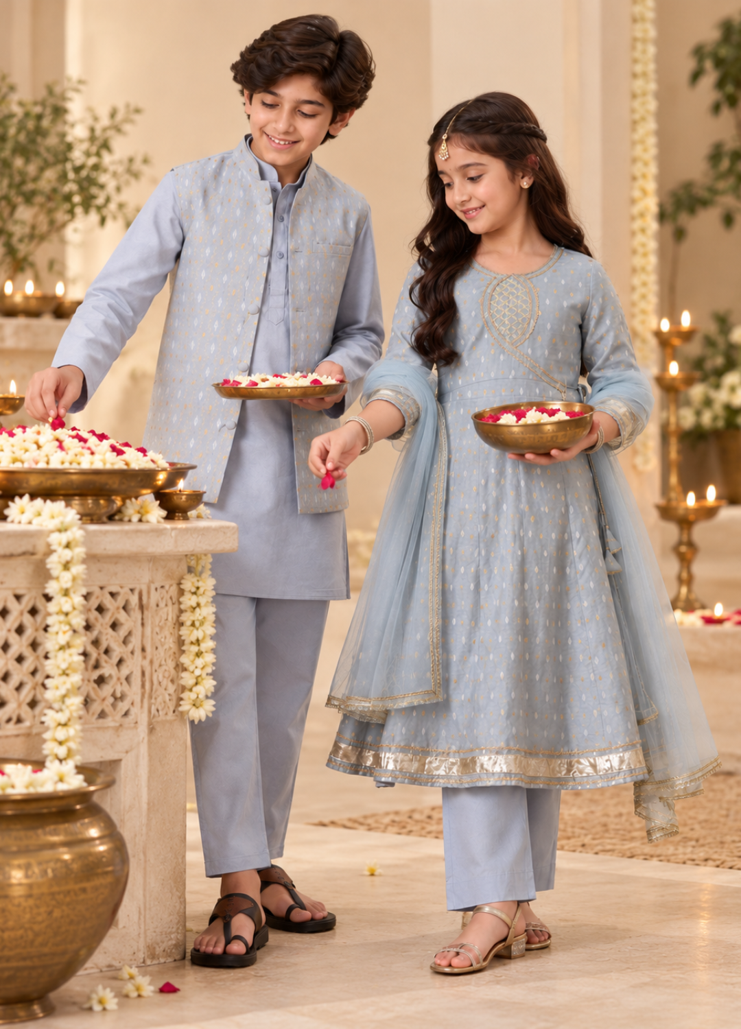 Grey Sibling Anarkali & Nehru Jacket Kurta Set