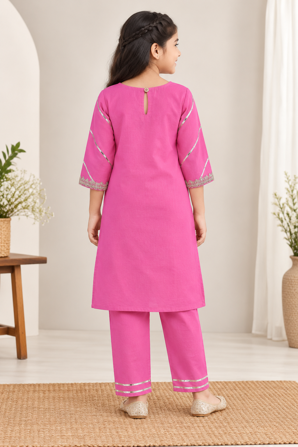 Girls Gota Patti Detailed 100% Cotton Kurta with Palazzo