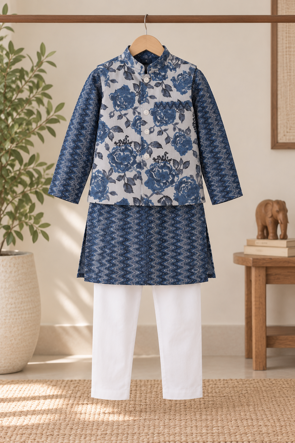 Boys Printed 100% Cotton Kurta with Trousers & Floral Nehru Jacket